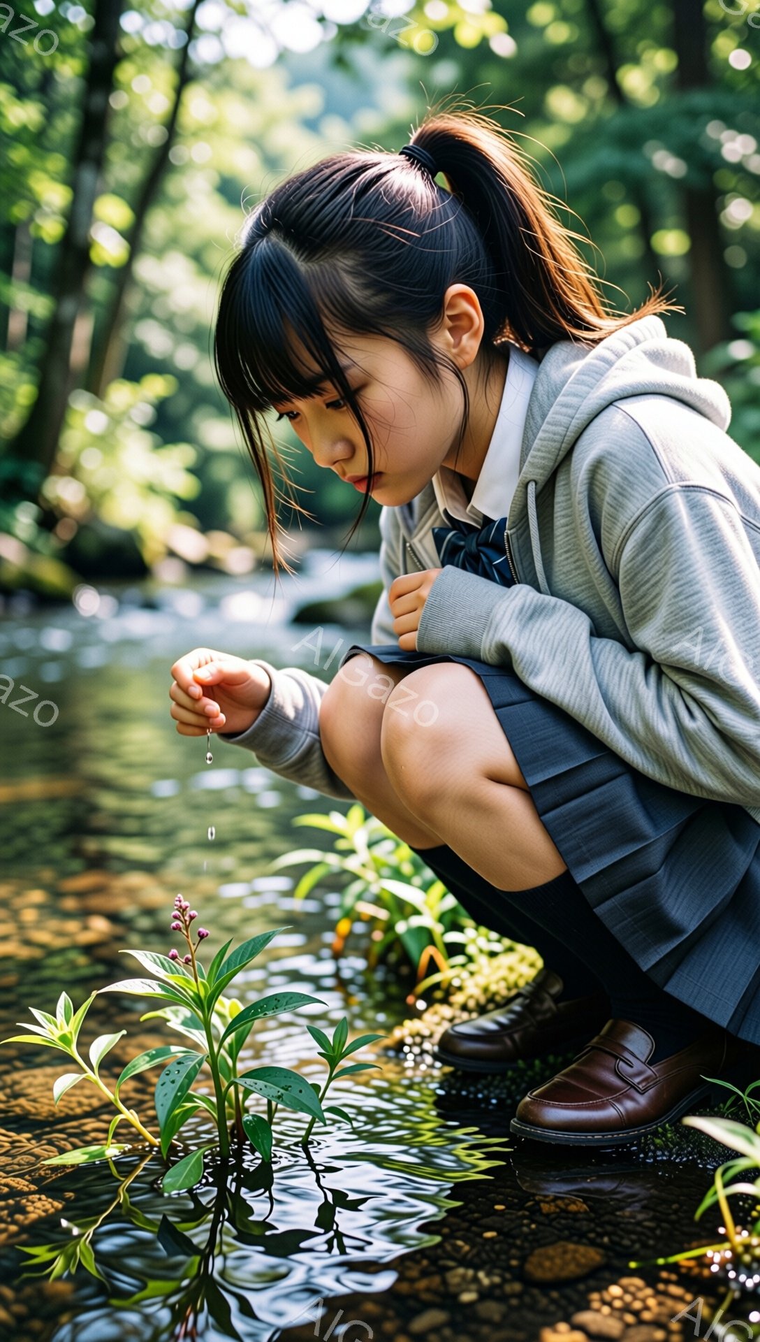 少女は緑豊かな自然の中で、水辺にひざまずき、何かを観察している。紺色のセーラー服とグレーのパーカーを着ており、黒い靴を履いている。彼女の表情は真剣で、自然に興味を持っている様子がうかがえる。