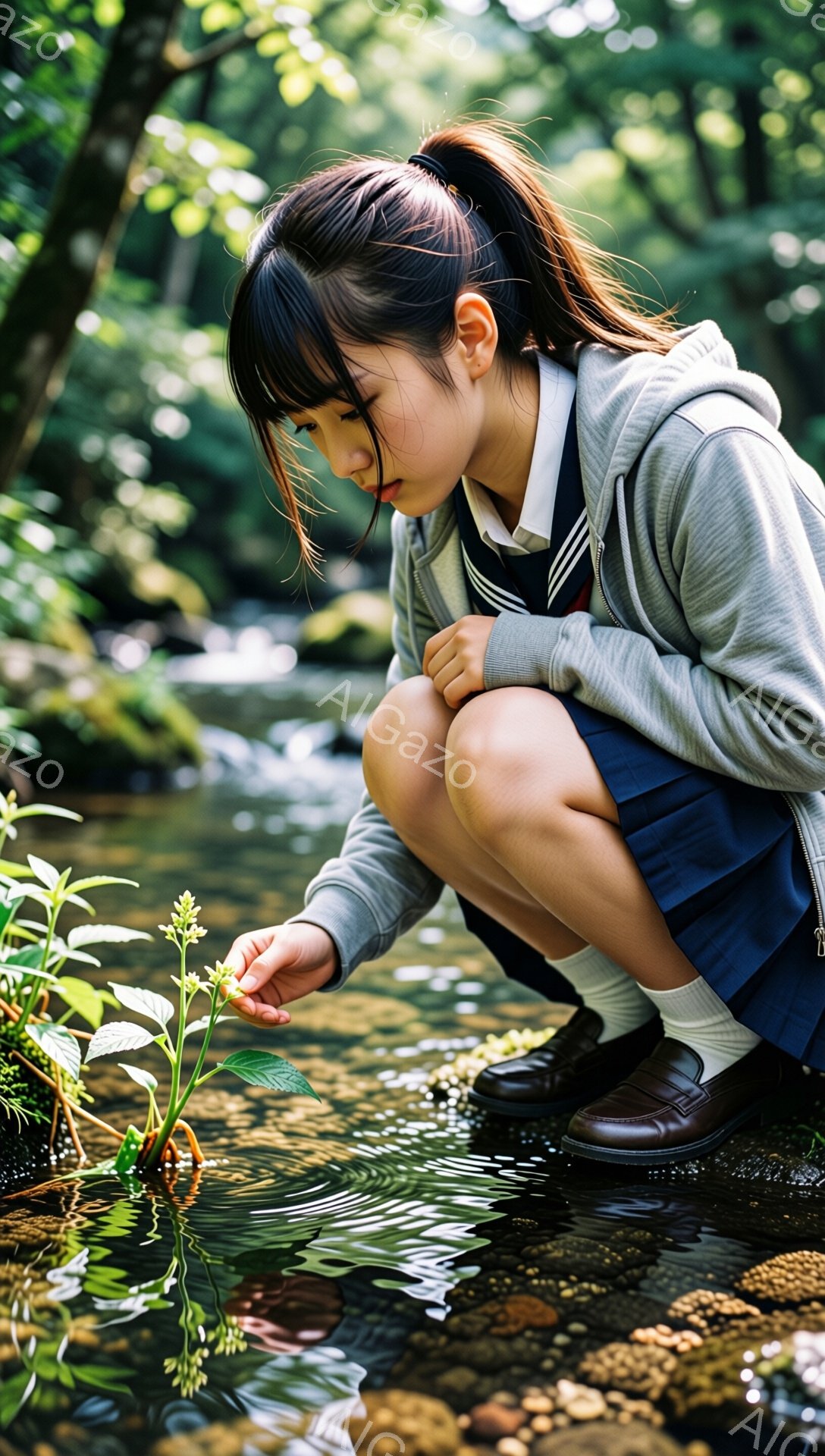 若い女性が小川のそばにしゃがみ、手に持った植物を観察している。彼女はグレーのパーカー、紺色のスカート、茶色の靴を履いており、髪は後ろでポニーテールに結ばれている。背景は緑豊かな森で、日差しが差し込み、 - AI生成フリー素材