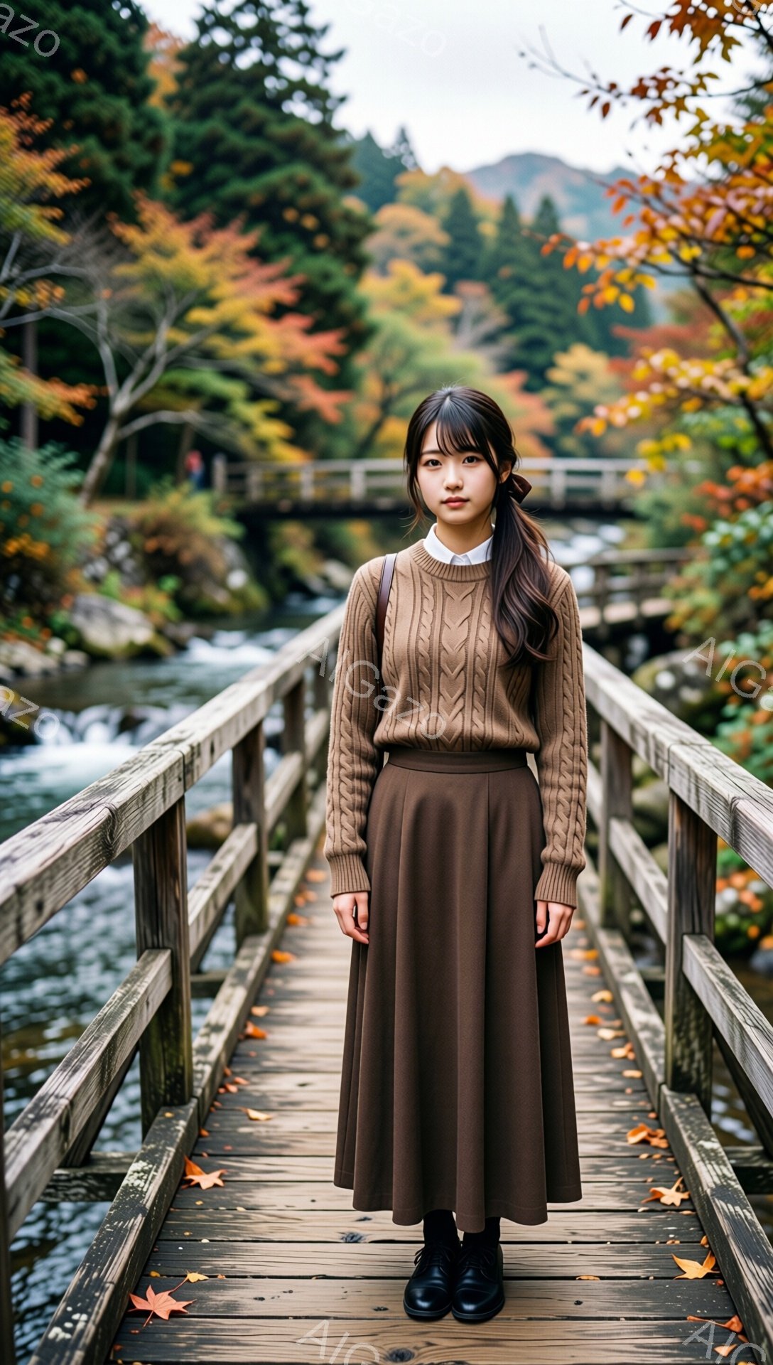 茶色のケーブルニットセーターと、同じく茶色のロングスカートを身につけた女性が、木製の橋の上で正面を向いて立っている。彼女は黒髪で前髪を切りそろえ、リボンをつけている。背景には紅葉した木々と、橋の下を流 - AI生成フリー素材