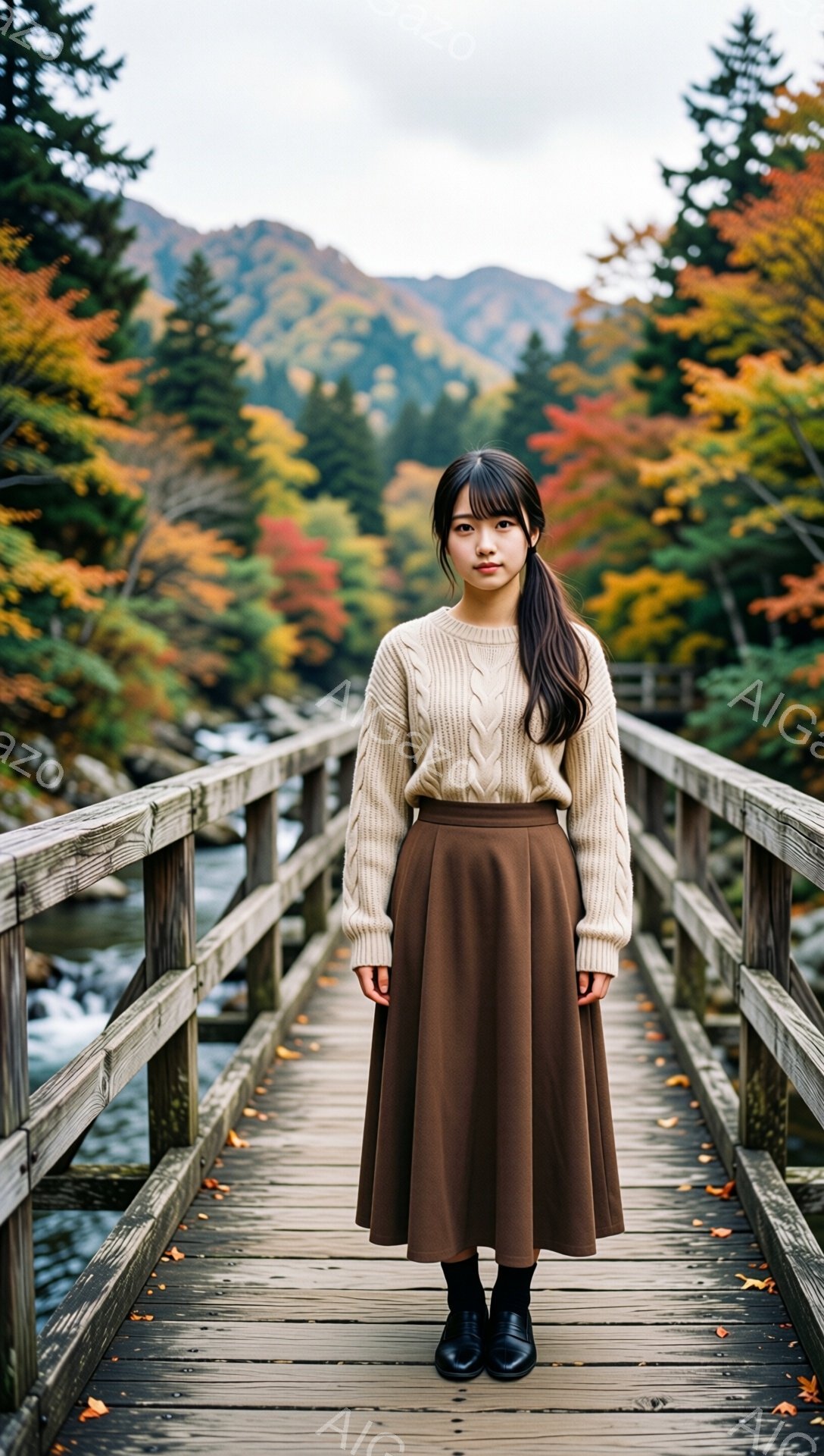 長い黒髪をセンターパートにした女性が、木製の橋の上で正面を向いて立っている。ベージュのケーブルニットセーターと、焦げ茶色のフレアスカートを着用し、黒いブーツを履いている。背景には鮮やかな紅葉の木々と、 - AI生成フリー素材