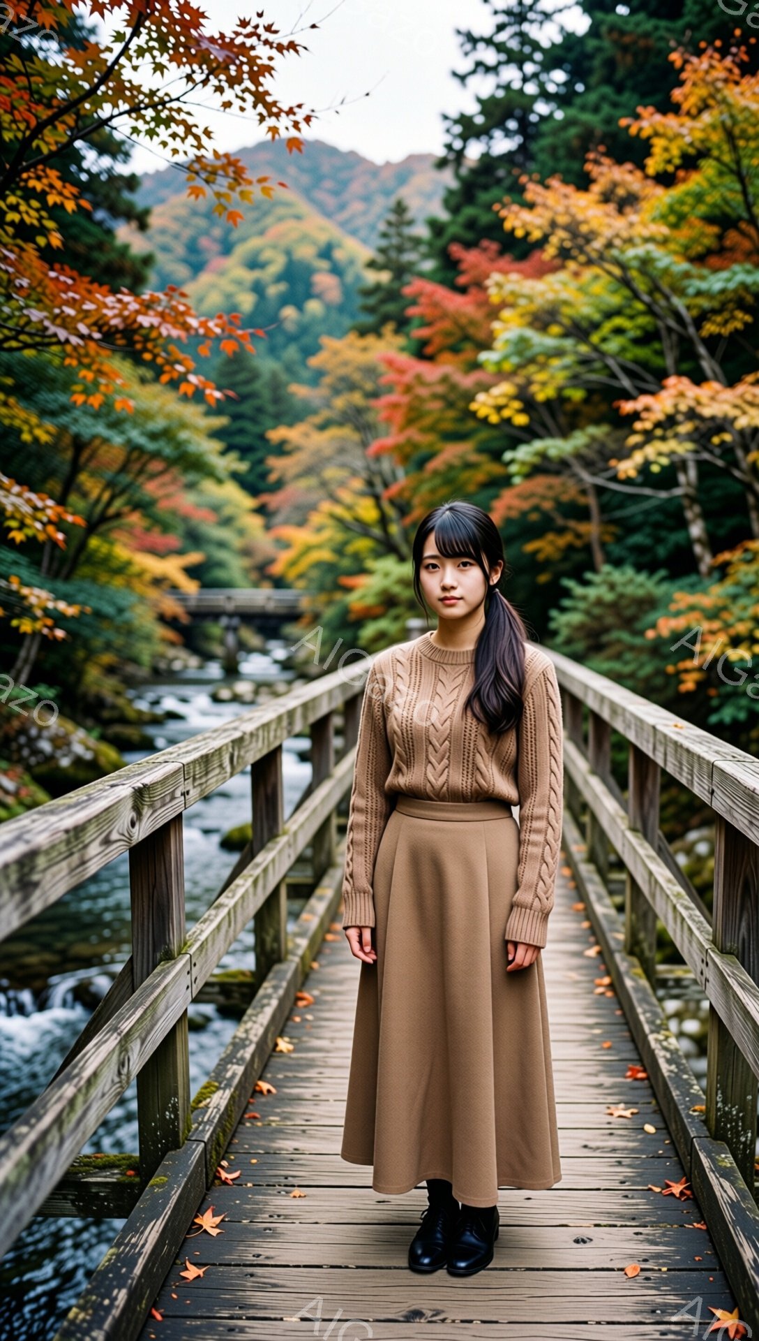 茶色のケーブルニットセーターとミディアム丈のフレアスカートを身に着けた若い女性が、木製の橋の中央に立っている。彼女は黒髪をポニーテールにし、少し憂いを帯びた表情で正面を見つめている。背景には、秋の紅葉に染まった山々と、橋の下を流れる水の流れが見え、全体的に落ち着いた雰囲気である。