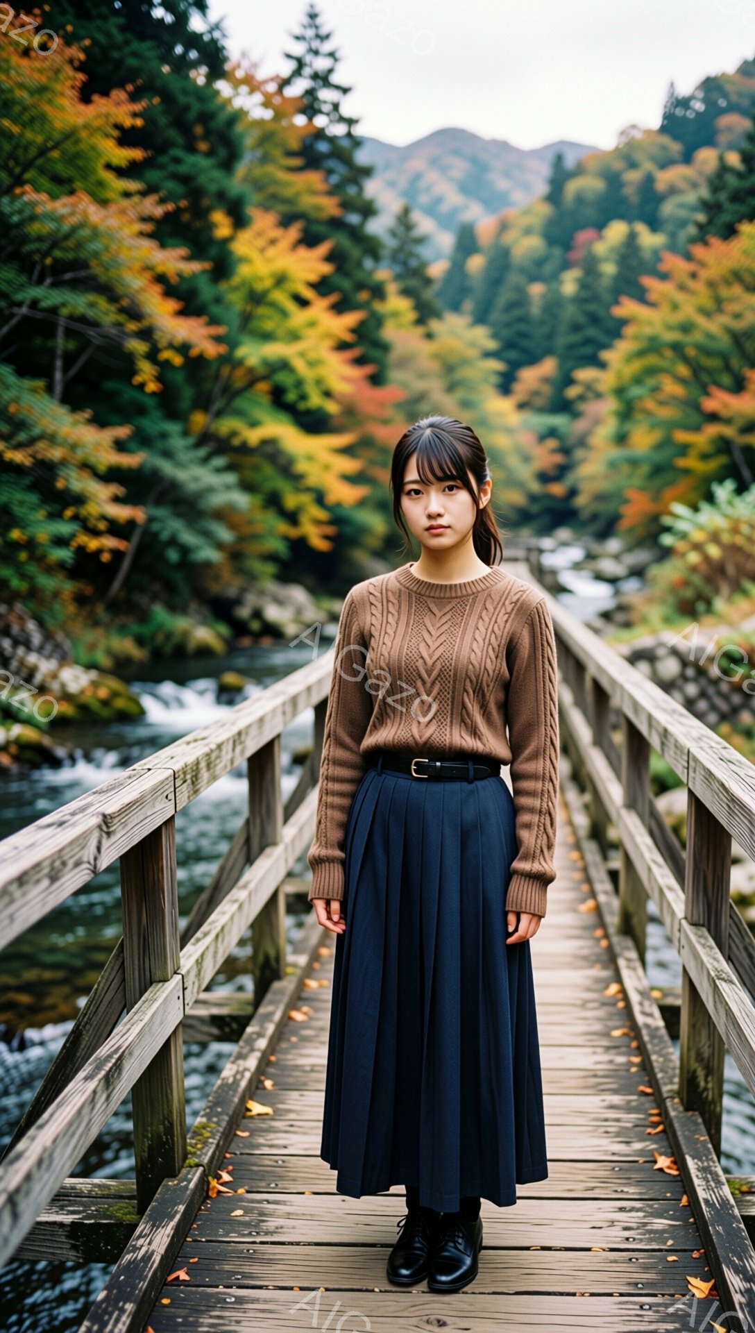 茶色のケーブルニットセーターに濃い青色のプリーツスカートを着用した若い女性が、木製の橋の上に立っている。彼女は黒い靴を履き、前髪を下ろしたダークヘアで、表情は穏やかで少し物憂げである。背景には鮮やかな紅葉と、水が流れる川が見え、秋の静かで美しい風景が広がっている。