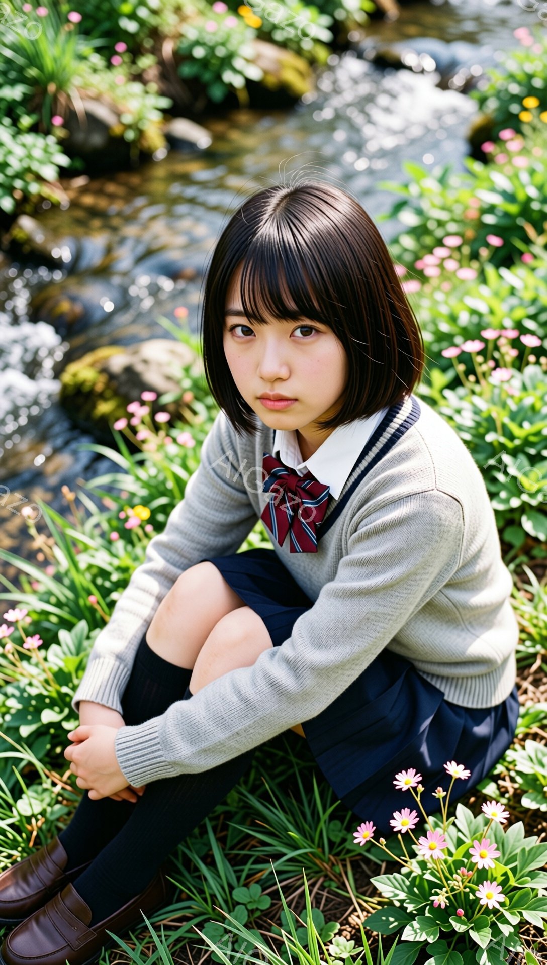 短い黒髪の少女が、ピンクや白の花が咲く緑豊かな草むらの上に膝を抱えて座っています。紺色のスカートとセーター、そしてリボン付きのシャツという制服を着ており、少し憂いを帯びた表情をしています。背景には小川 - AI生成フリー素材