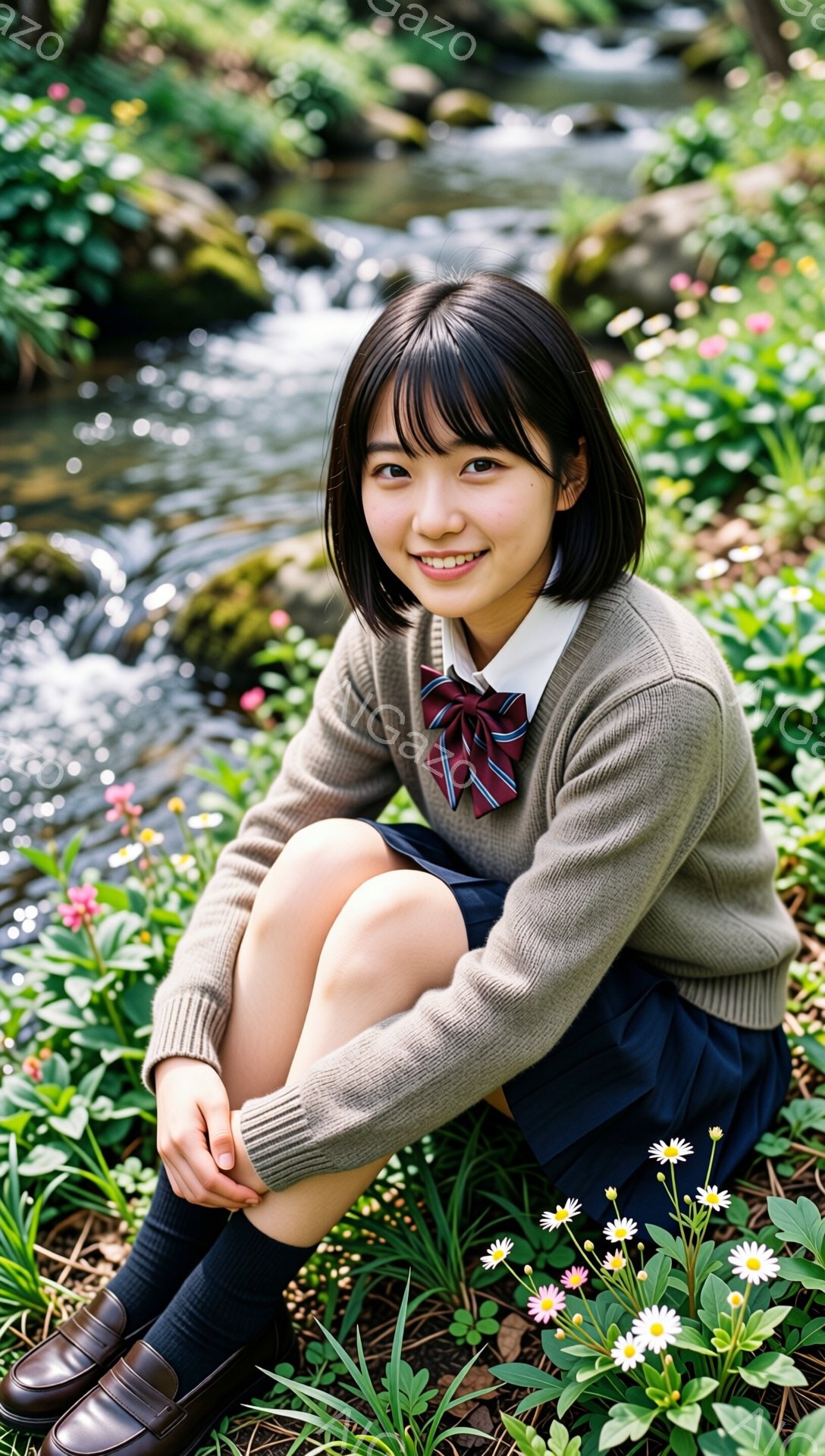 ショートヘアの若い女性が、緑豊かな自然の中にひざまずいて座っています。ベージュのセーターにネイビーのスカート、そして茶色の革靴を履き、首には赤と青のストライプのネクタイを締めています。背景には小川と緑が生い茂る植物があり、明るい日差しと白い花が、穏やかで春らしい雰囲気を醸し出しています。