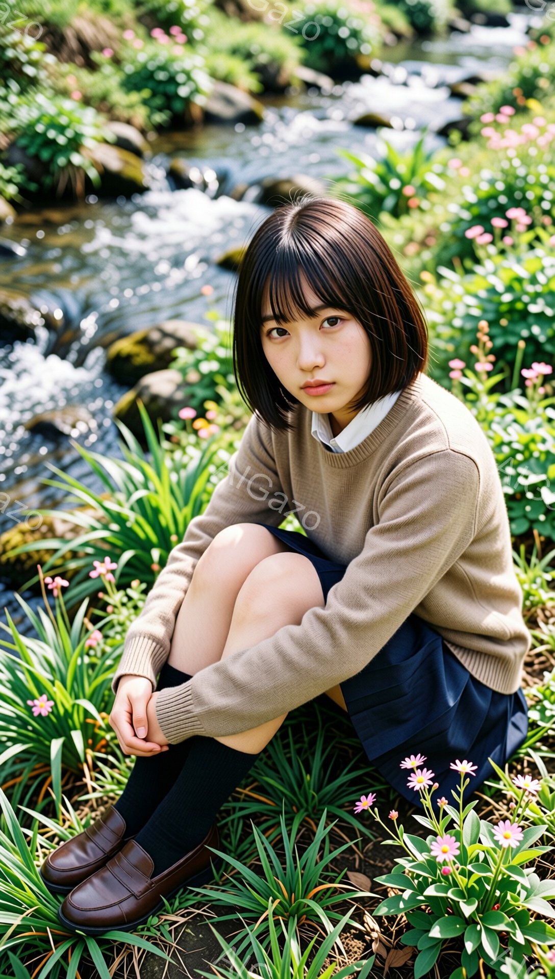 ショートヘアの少女が、ピンクと紫の花が咲く草むらに膝を抱えて座っている。ベージュのセーターと紺色のスカート、黒い靴下と革靴を身に着け、少し憂いを帯びた表情でこちらを見ている。背景には水が流れる小川と緑 - AI生成フリー素材