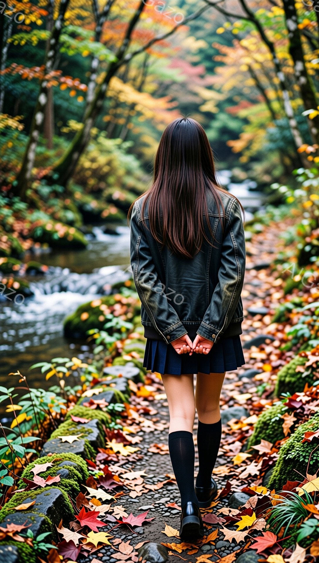長い黒髪の女性が、落ち葉が敷き詰められた小道を歩いている。黒いレザージャケットと紺色のプリーツスカート、黒いソックスと靴を着用し、後ろ姿のみが見える。背景には緑豊かな木々と小川があり、秋の穏やかで美しい雰囲気を醸し出している。