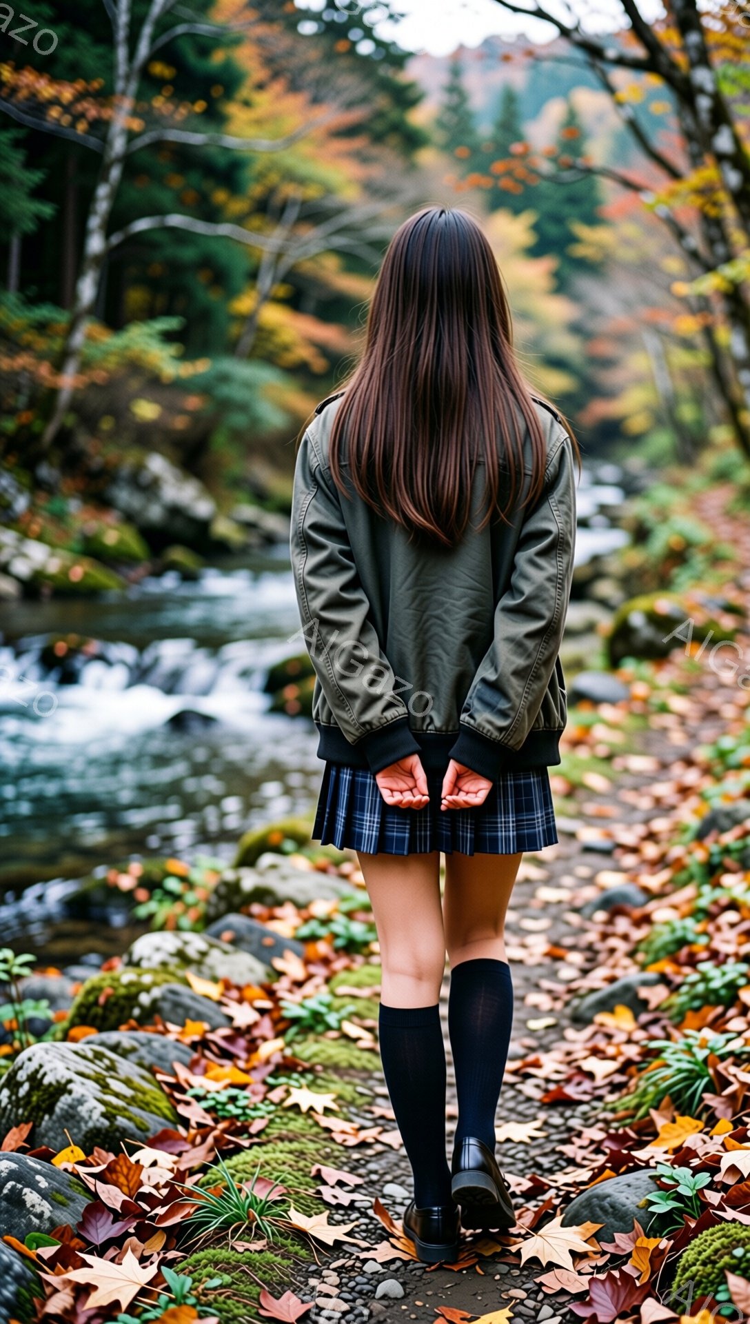 長い茶色の髪の女性が、緑色のジャケットとチェック柄のスカート、黒いソックスと靴を着用し、小道の奥へと歩いて行っている。彼女は背中を向け、両手を後ろで組んでいる。背景には紅葉の葉が散りばめられた小道、そして流れる小川と緑豊かな木々が見え、秋の穏やかな雰囲気が漂っている。
