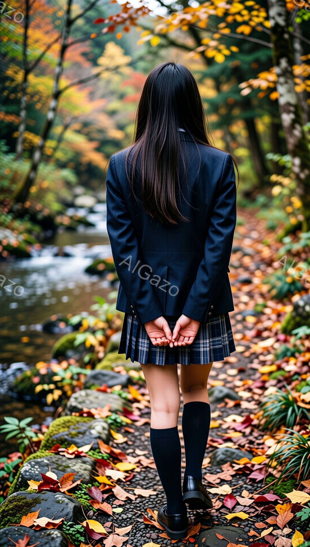 画像は、セーラー服姿の少女の後ろ姿を捉えています。少女はチェック柄のスカートと黒いソックス、革靴を履き、両手を背中で組んでいます。背景は、紅葉した木々と小川が流れる自然豊かな風景で、落ち着いた秋の雰囲気が漂っています。