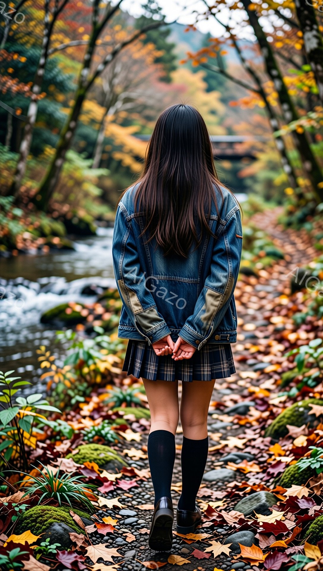 長い黒髪の女性が、チェック柄のスカートと黒いニーハイソックスを履き、デニムジャケットを着ている。彼女は後ろ向きに立っており、森の中の落ち葉が敷き詰められた道を歩いているように見える。背景には、木々、流れる小川、秋の色彩が広がっており、全体的に穏やかで物憂げな雰囲気が漂っている。