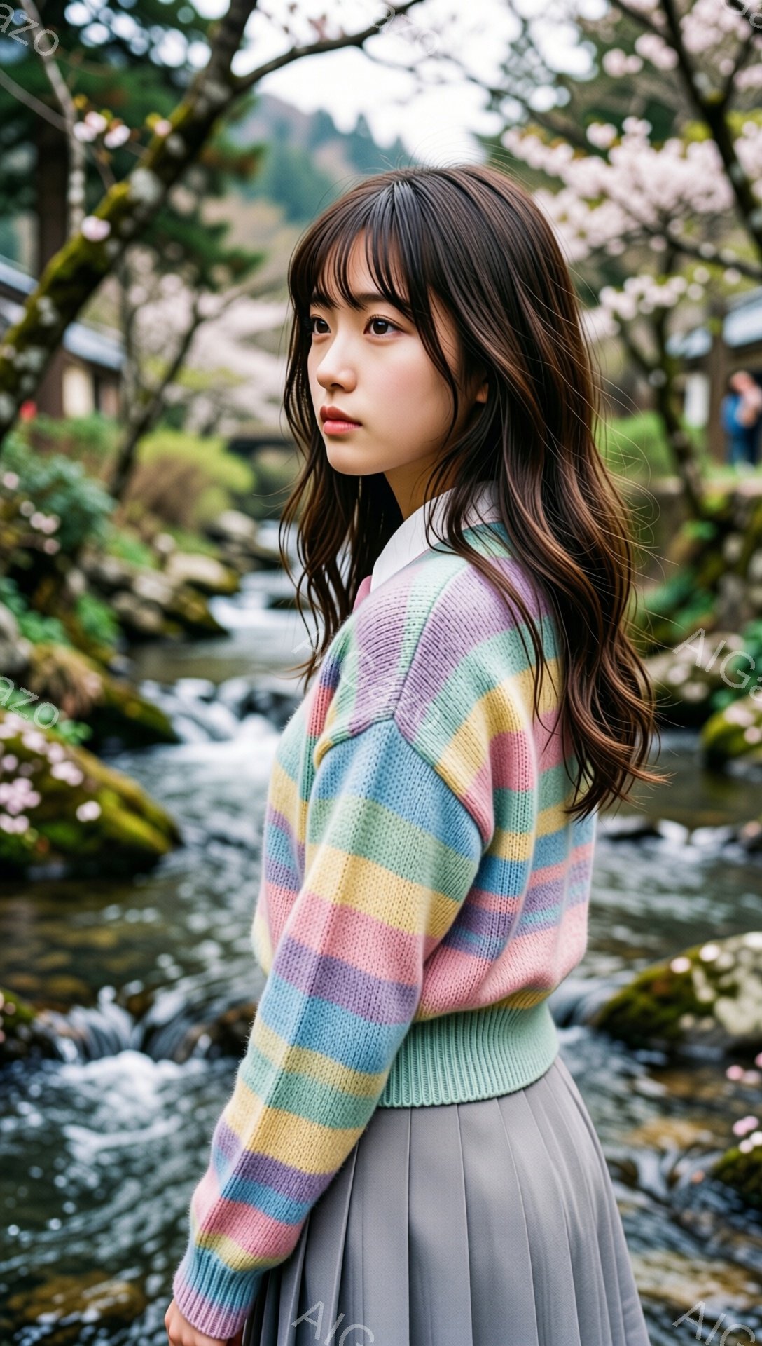 若い女性が、パステルカラーのストライプのセーターとグレーのプリーツスカートを身に着けて立っています。彼女は長いダークブラウンの髪をしており、少し憂いのある表情で横を向いています。背景には、花びらが咲き - AI生成フリー素材