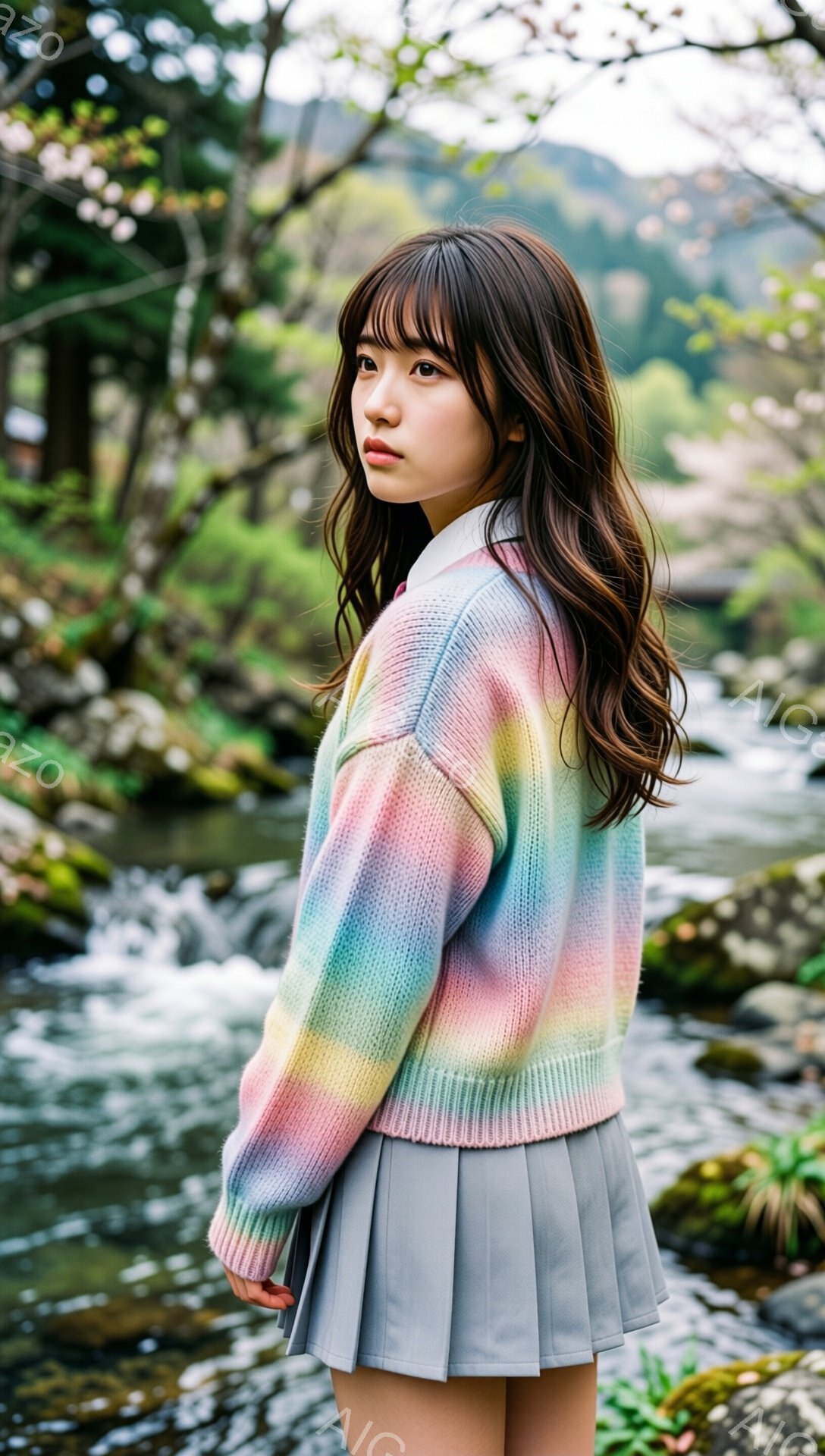 若い女性がカラフルな虹色のセーターとグレーのプリーツスカートを着て、川沿いの自然の中でポーズをとっています。彼女は肩を丸め、後ろを振り返り、憂いのある表情をしています。背景には、緑豊かな木々、岩、そして水が流れる小川が見え、全体的に穏やかで物憂げな雰囲気を醸し出しています。