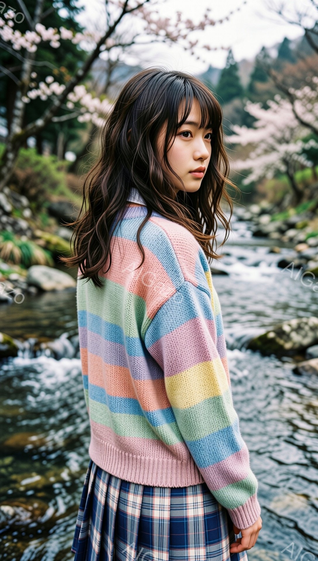 長い黒髪を肩でキャッチし、ゆるいウェーブがかかった女性が写っている。彼女はパステルカラーのストライプのセーターと、チェック柄のプリーツスカートを着用しており、横向きに立って少し後ろを向いている。背景には、水が流れる川と、ぼんやりと見える桜の木々があり、春の穏やかな雰囲気を醸し出している。