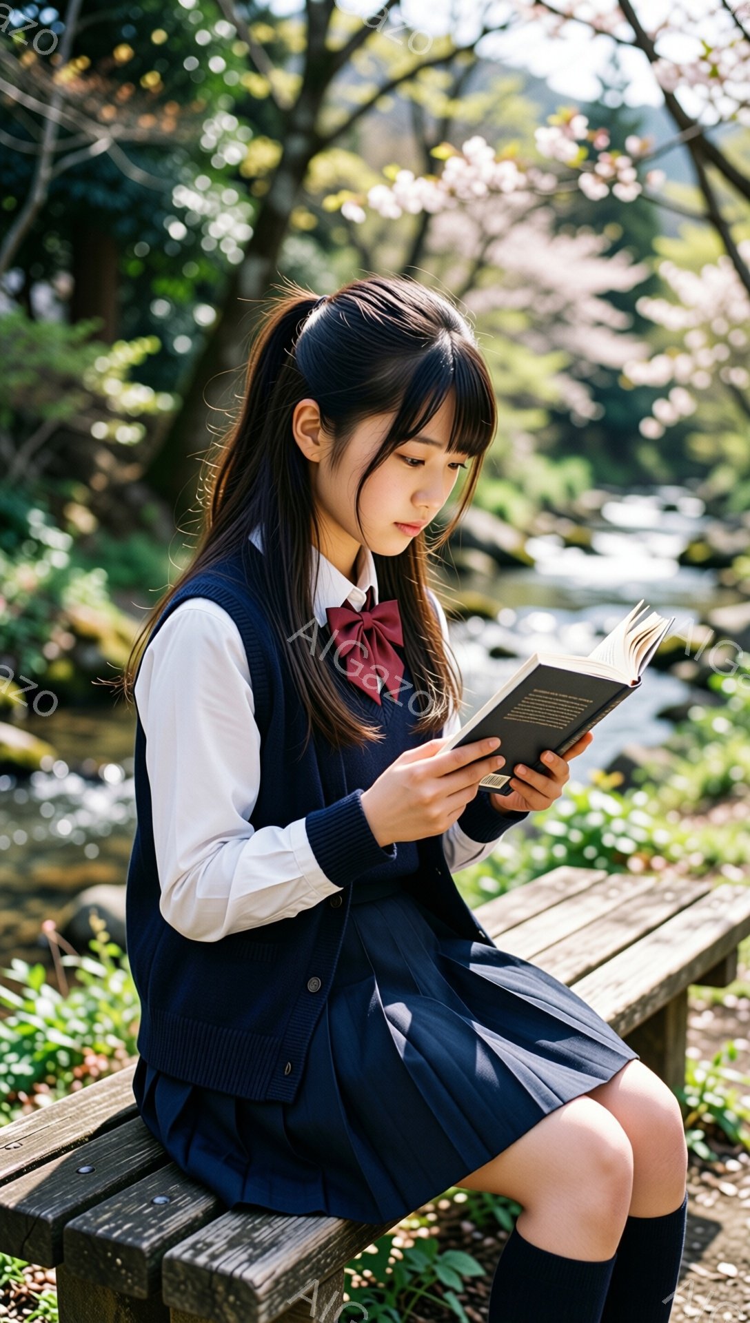 画像には、紺色のセーラー服とスカート、白いシャツ、赤いリボンをつけた若い女性が写っています。彼女は木製のベンチに座って本を読んでおり、集中した表情をしています。背景には緑豊かな木々と小川が見え、春の穏やかな日差しが差し込んでいます。