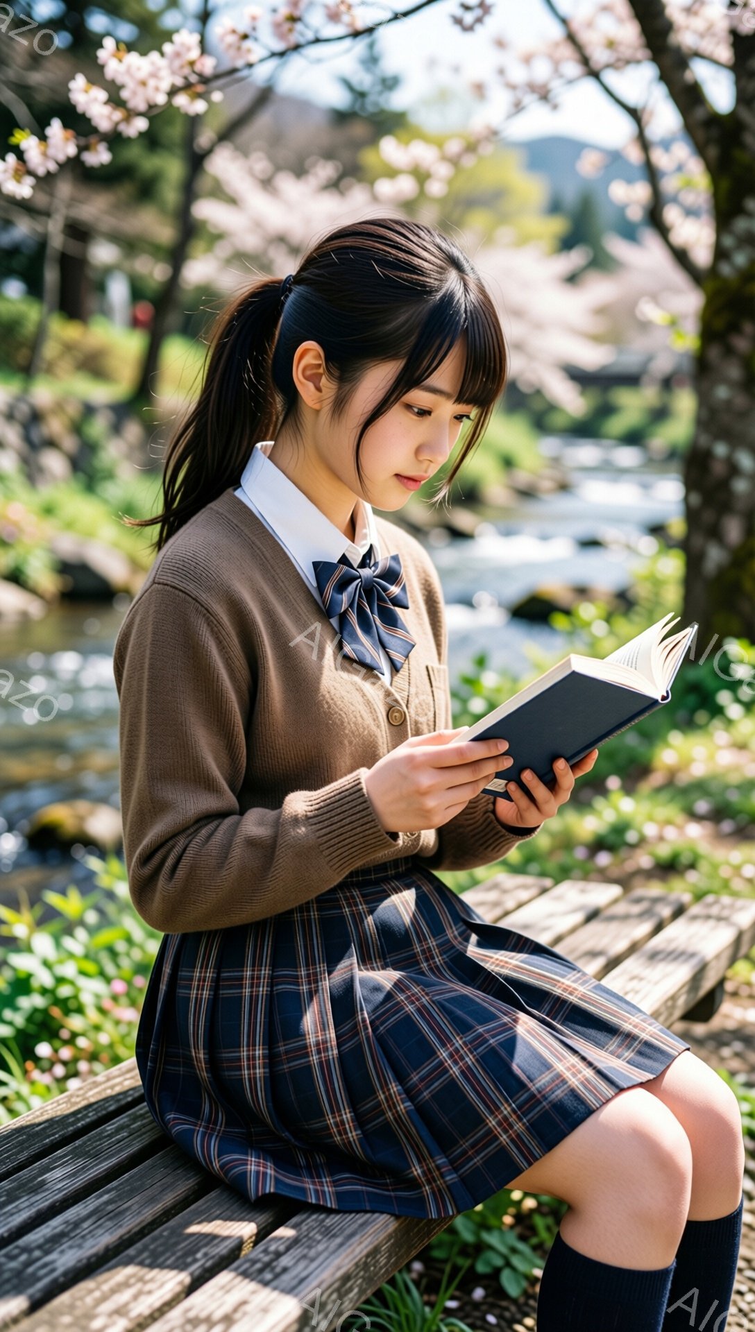 茶色のセーターベストとチェック柄のスカート、紺色のソックスを着用した女子高生が、河川敷のベンチに座って本を読んでいる。彼女は長い黒髪をポニーテールにしており、少し微笑んだ表情で、穏やかな雰囲気を醸し出している。背景には、桜の花びらが舞い散る桜並木と、穏やかな川の流れが見られ、春の暖かな日差しが差し込んでいる。