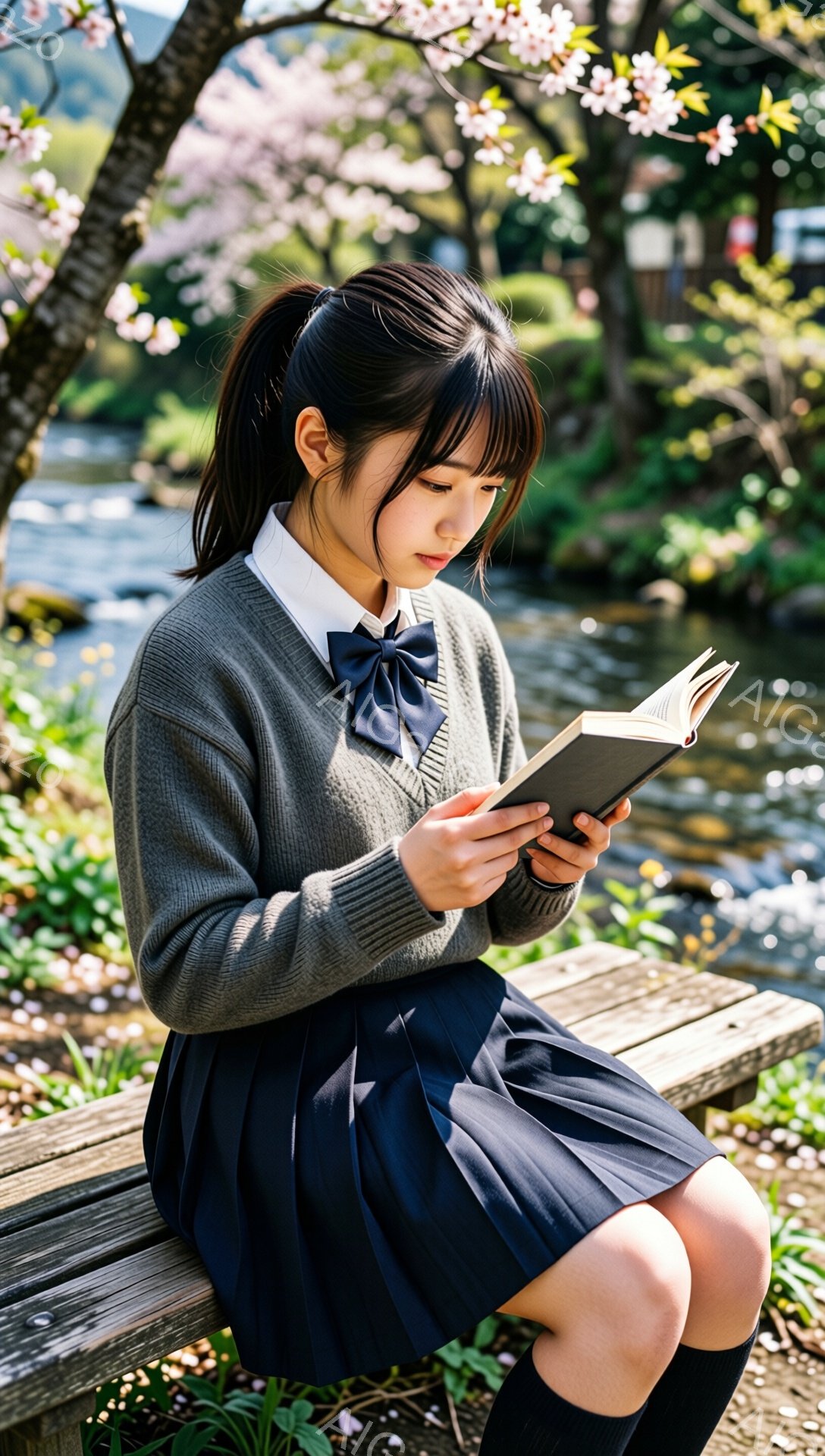 茶髪の少女が、木製のベンチに座って本を読んでいます。紺色のリボン付きの白いブラウスとグレーのセーター、プリーツスカート、膝丈の靴下という制服姿で、少し微笑みを浮かべ、集中して読書に耽っています。背景に - AI生成フリー素材