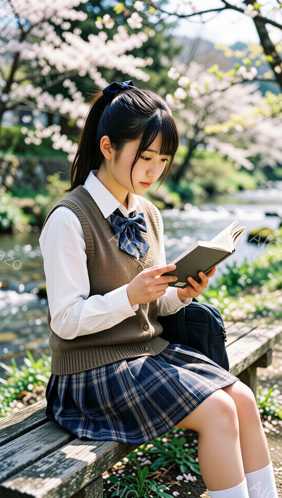 制服を着た若い女性が、桜並木のそばの木製のベンチに座って本を読んでいます。彼女は白いシャツに茶色のベスト、チェックのスカートを身につけ、髪をポニーテールにまとめています。背景には、ぼんやりと見える建物と、散りばめられた桜の花びらが春らしい雰囲気を醸し出しています。