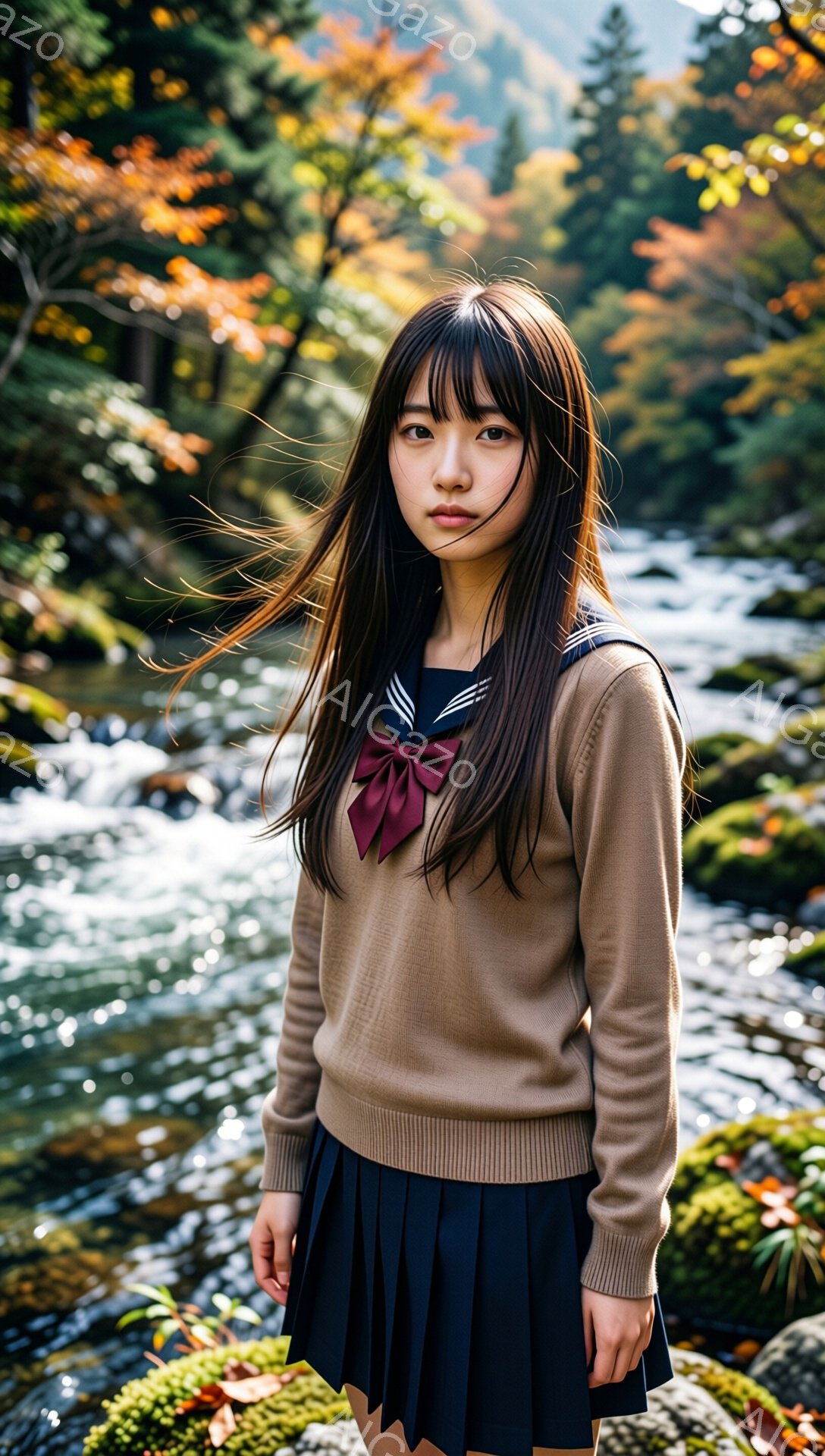 長い黒髪をセンターパートにした女性が、ベージュのセーターと紺色のプリーツスカート、リボン付きの制服を着ています。彼女はわずかに微笑んでおり、視線はカメラの正面に向けられています。背景には、紅葉した木々 - AI生成フリー素材