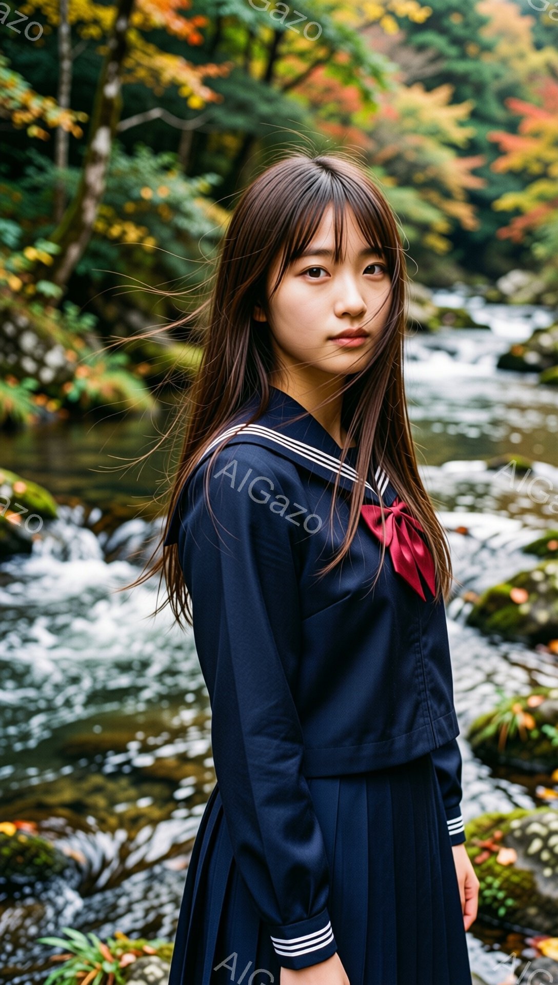 画像には、紺色のセーラー服を着た若い女性が写っている。彼女は肩までの長さの黒髪で、横に分けている。背景には、苔むした岩や水が流れる小川があり、紅葉が混ざり、秋の雰囲気を感じさせる。