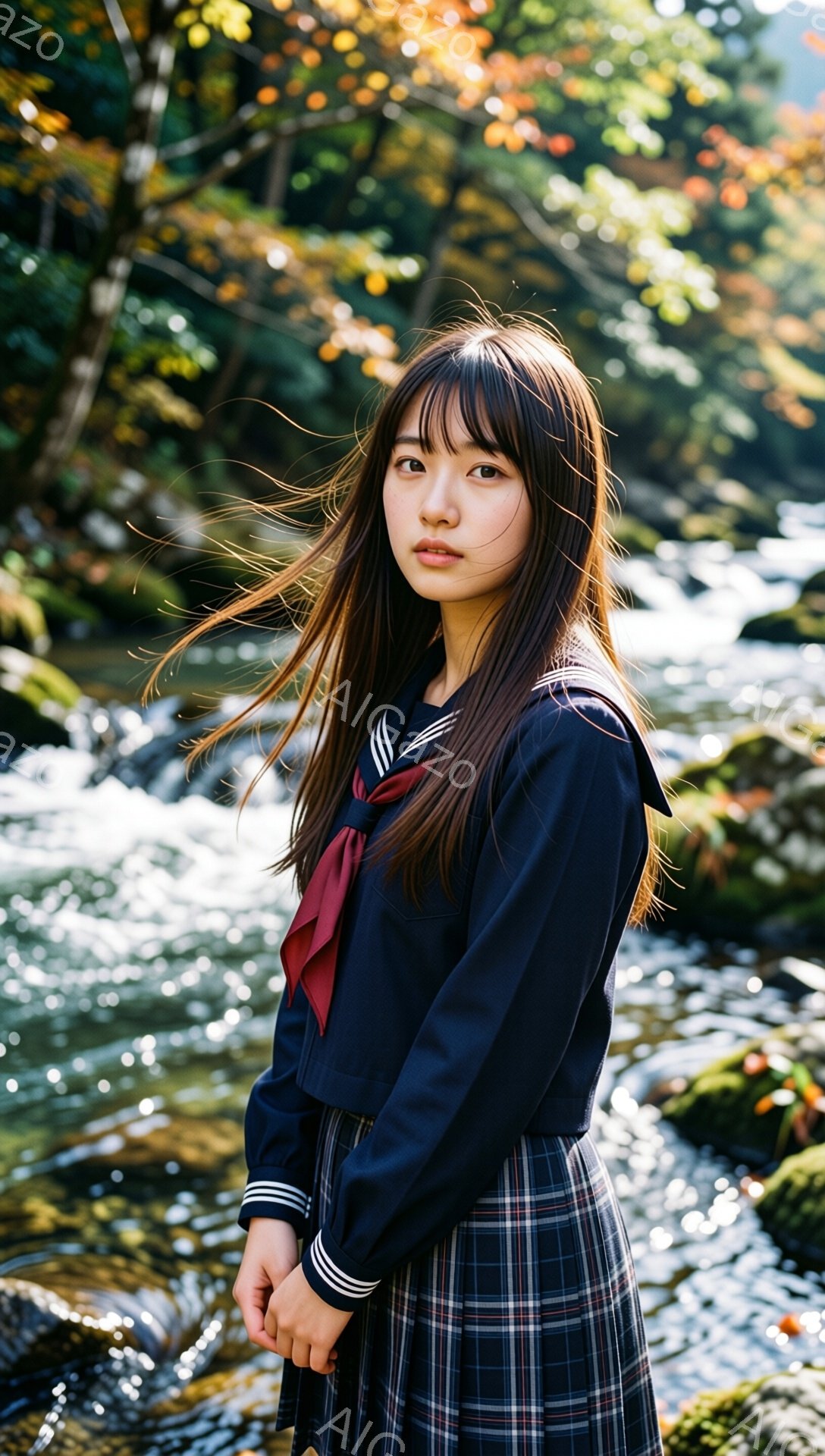 長い黒髪をなびかせ、紺色のセーラー服にチェック柄のスカートを身につけた女性が写っている。彼女はわずかに微笑み、少し伏し目がちで、どこか物憂げな表情をしている。背景には、水が流れる自然豊かな風景が広がり、秋の紅葉がうっすらと見える。