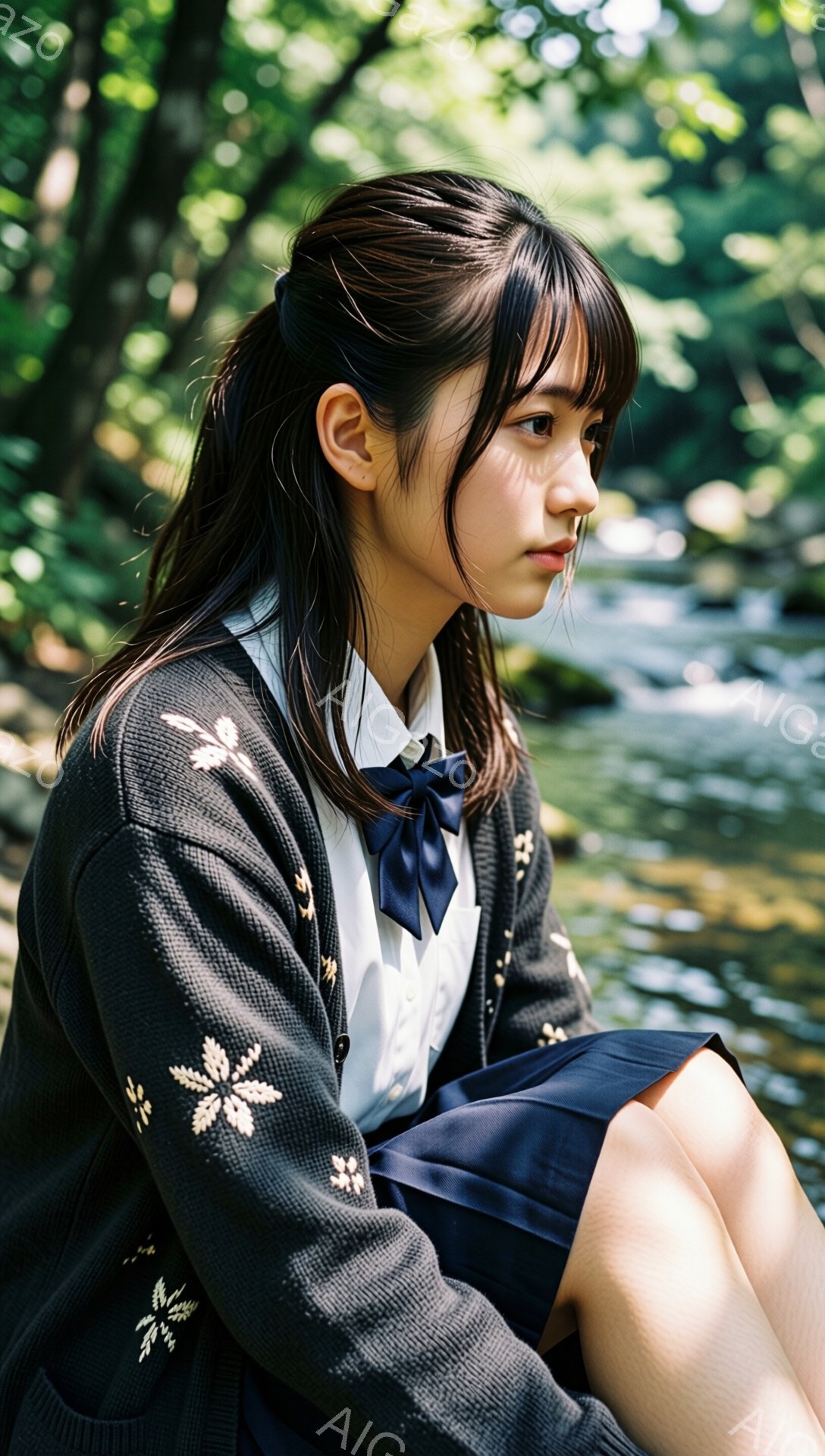 黒いカーディガンに白いシャツと紺色のリボン、そして紺色のスカートを身につけた若い女性が写っている。彼女は少し憂いを帯びた表情で、どこか遠くを見つめている。背景には緑豊かな木々が生い茂り、ぼやけた水面が - AI生成フリー素材