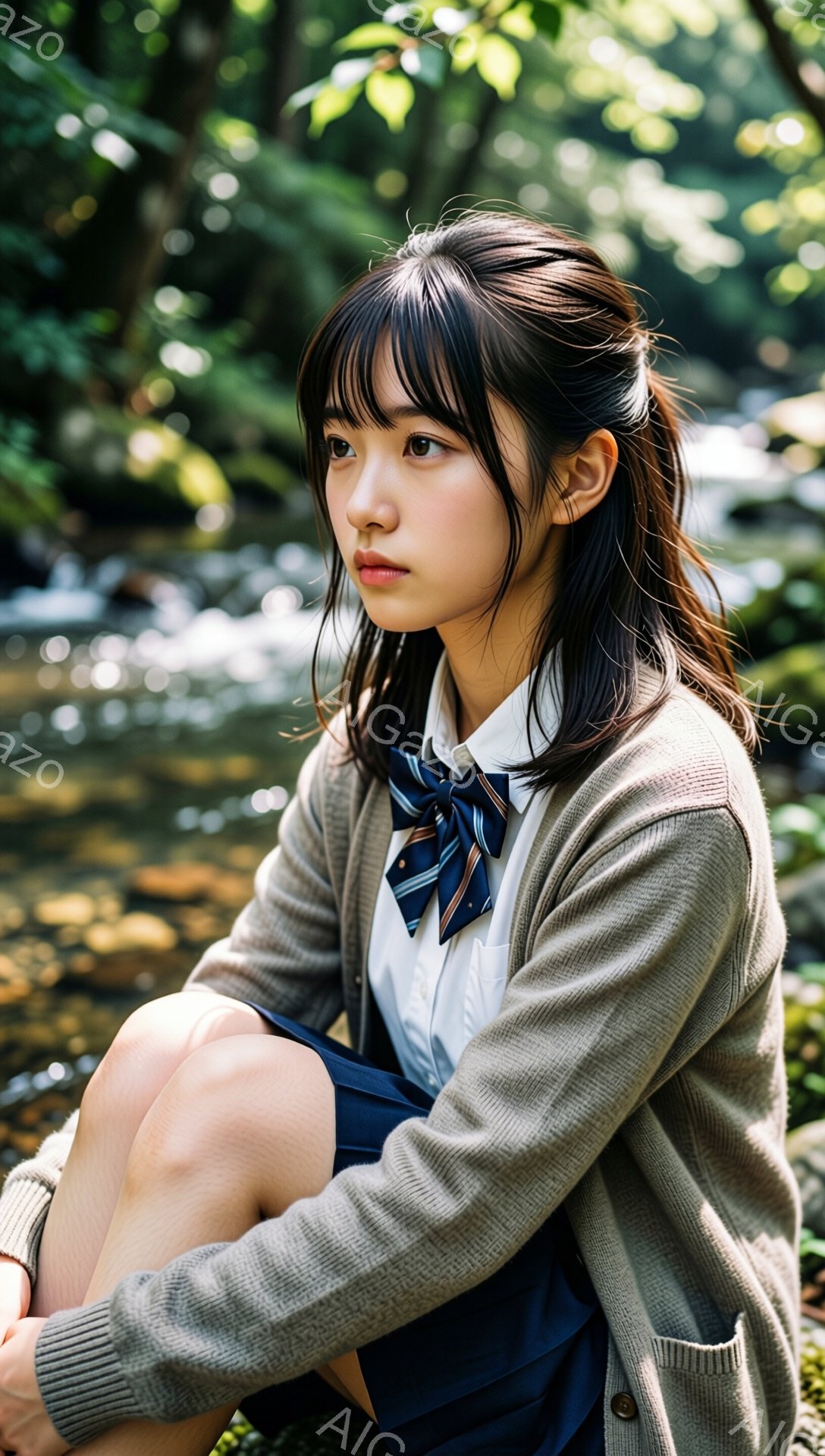 この女性は、ベージュのカーディガン、白いシャツ、そしてネイビーのプリーツスカートを着用し、膝を抱えて座っています。彼女は暗い色の長い髪を持ち、前髪は目にかかるようにカットされています。背景は緑豊かな木 - AI生成フリー素材
