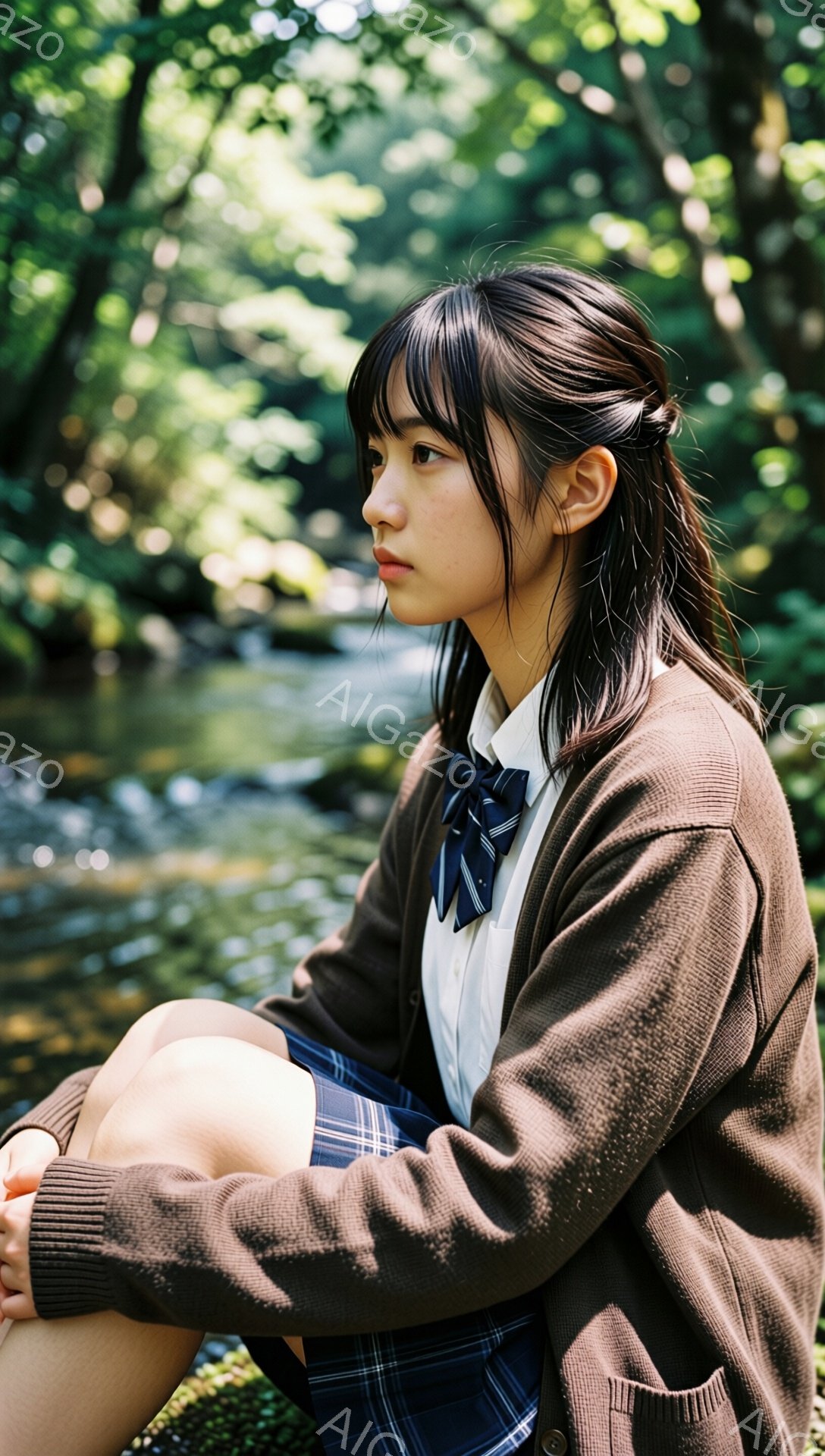 画像は、制服を着た若い女性が自然の中で座っている様子を捉えています。彼女は茶色のカーディガン、白いシャツに青いネクタイ、チェック柄のスカートを着用し、少し物憂げな表情で横を向いています。背景には緑豊か - AI生成フリー素材