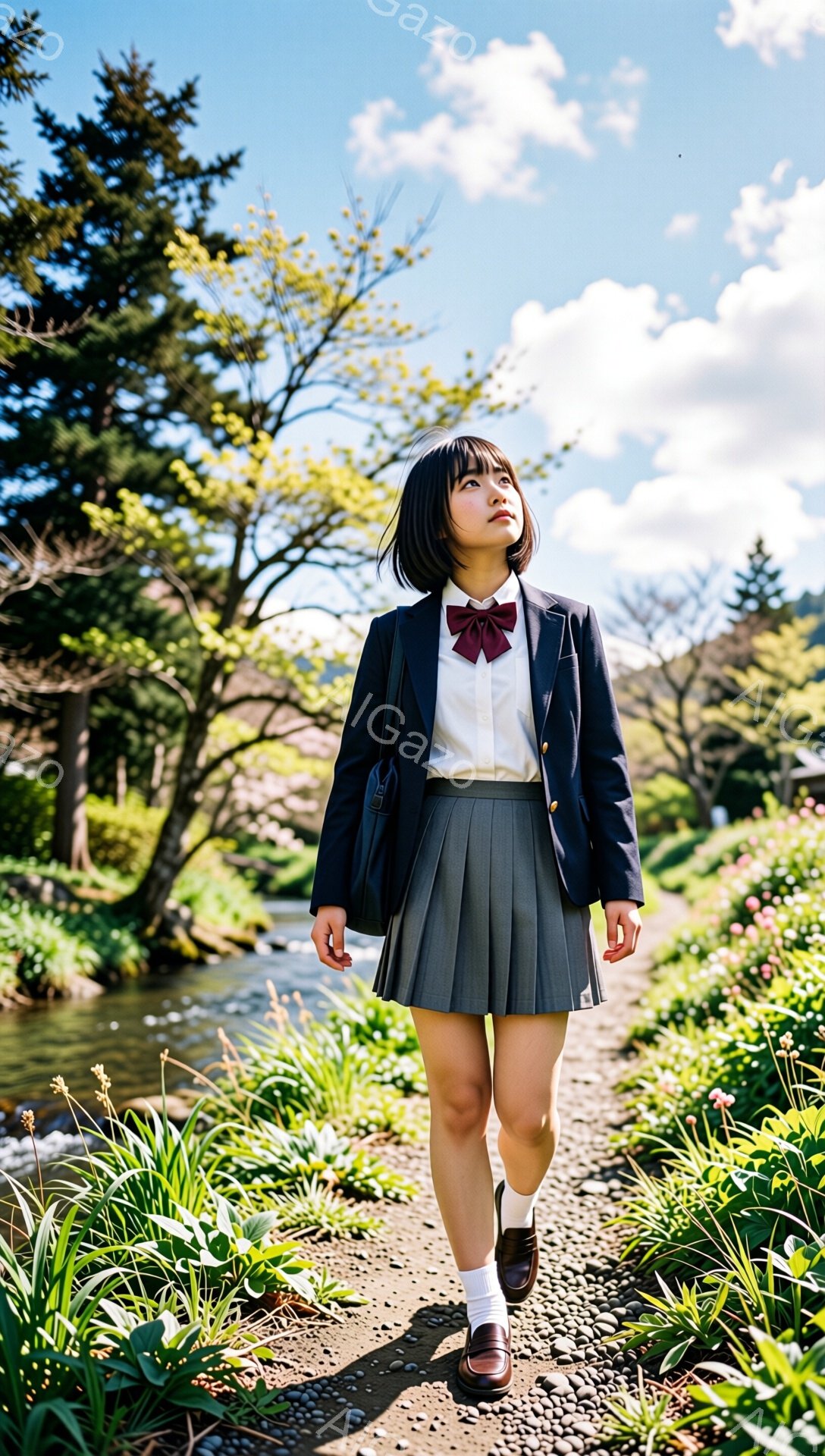 少女は、白いシャツに灰色のプリーツスカート、黒いブレザーと赤いリボンを着用し、学校の制服を着ています。彼女は小道の中を歩いており、少し上を見ているようなポーズをしています。背景には緑豊かな木々と小川があり、晴れた空が広がっており、春の穏やかな雰囲気が漂っています。