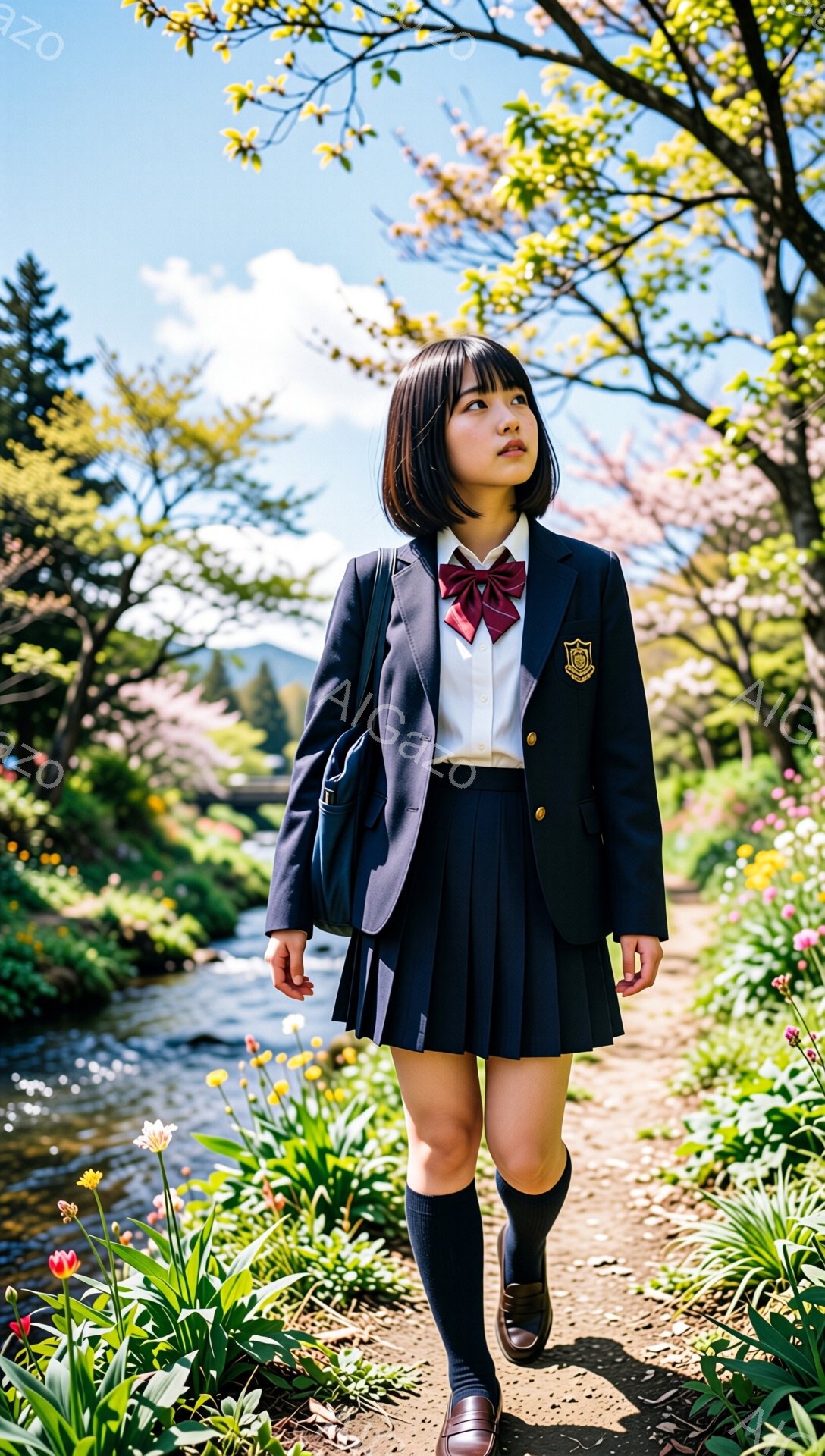 短い黒髪の少女が、紺色のブレザー、白いシャツ、プリーツスカート、膝丈のソックス、茶色の革靴を身につけ、小道を歩いている。彼女は少し上を見つめ、凛とした表情を浮かべており、肩には学校カバンをかけている。背景には、桜並木や緑豊かな植物、小川が流れ、晴天の下、春の穏やかな雰囲気を醸し出している。