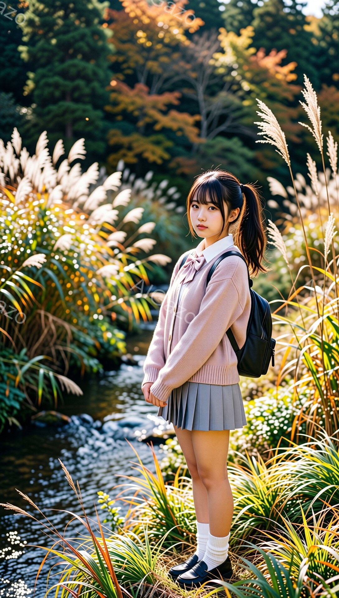 少女は、クリーム色のセーターとグレーのプリーツスカート、白いソックスと黒い靴を身につけている。彼女は髪をポニーテールにし、少し微笑んだ表情で、黒いリュックサックを背負っている。背景には、草が生い茂る小川と、秋の紅葉が楽しめる自然豊かな風景が広がっている。