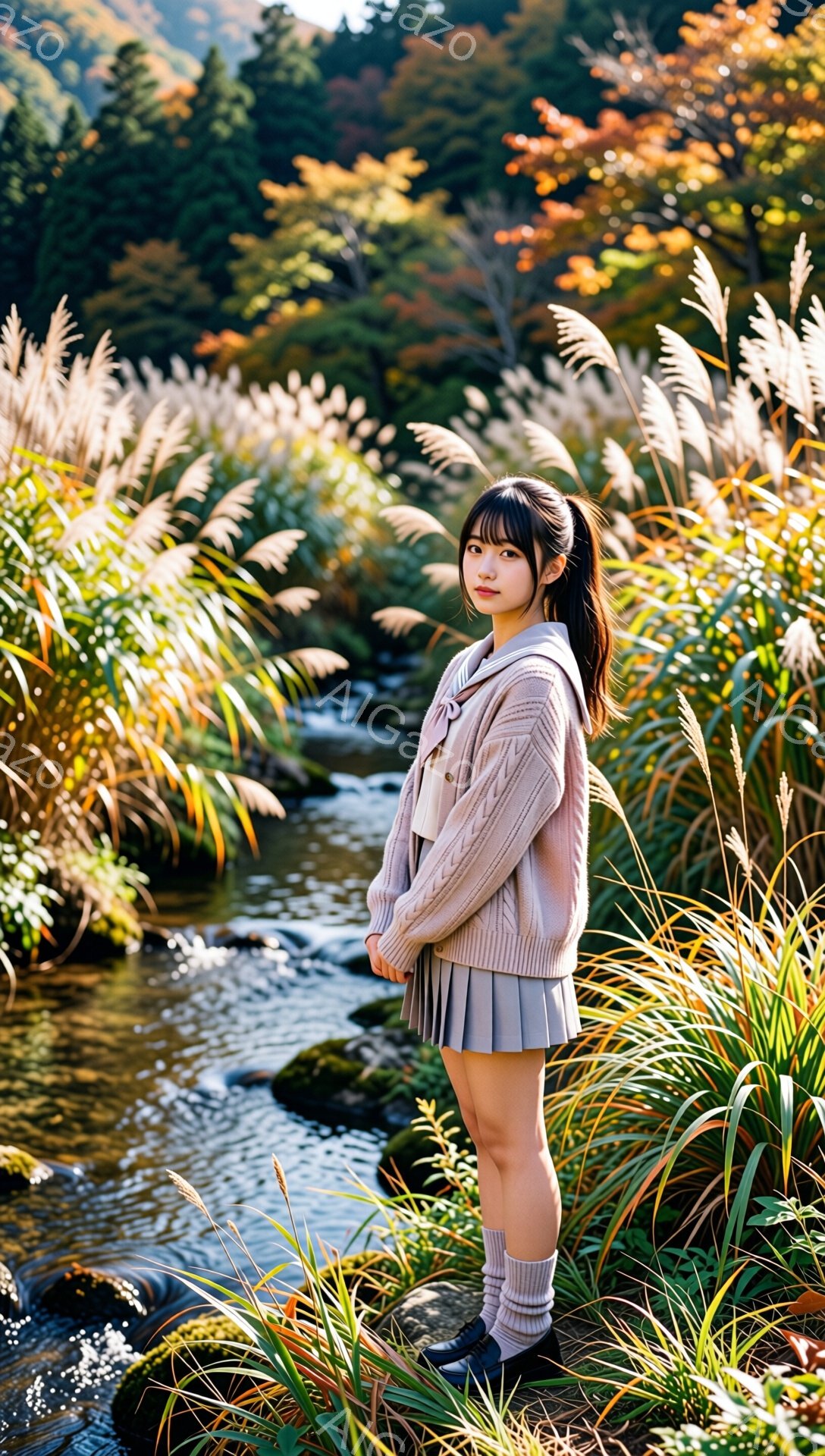 若い女性が、茶色の背の高い草が生い茂る小川のそばに立っている。彼女は、ベージュのケーブルニットカーディガン、水色のプリーツスカート、黒い靴下を履いており、髪は後ろでポニーテールに結われている。表情は穏やかで、やや物憂げな雰囲気を漂わせ、秋の風景と相まって、どこかノスタルジックな印象を与える。