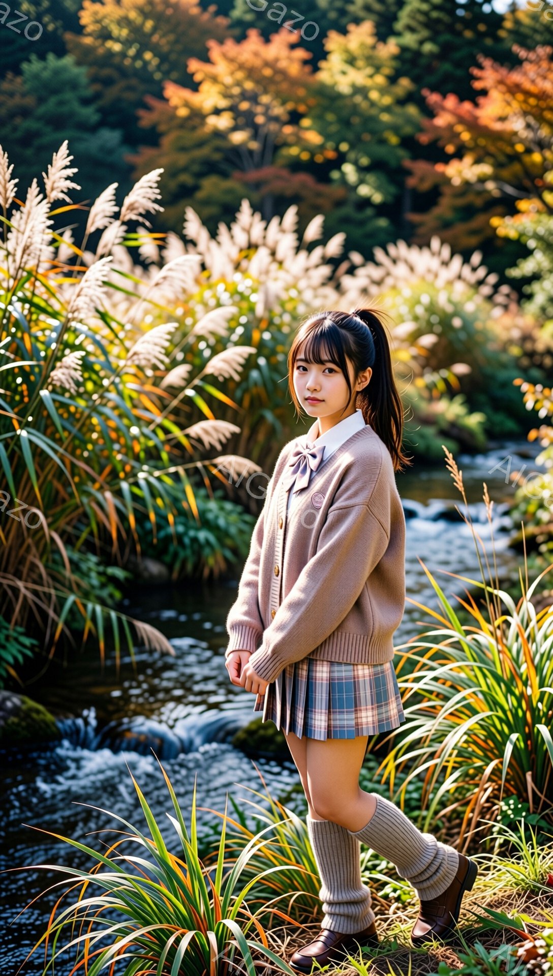 茶色のカーディガンとチェック柄のスカートを着用した若い女性が写っている。彼女は足を組み、少し振り返ってこちらを見ている。背景には、背の高い草が生い茂り、小川が流れ、秋らしい紅葉が広がっている、穏やかで美しい雰囲気の写真だ。