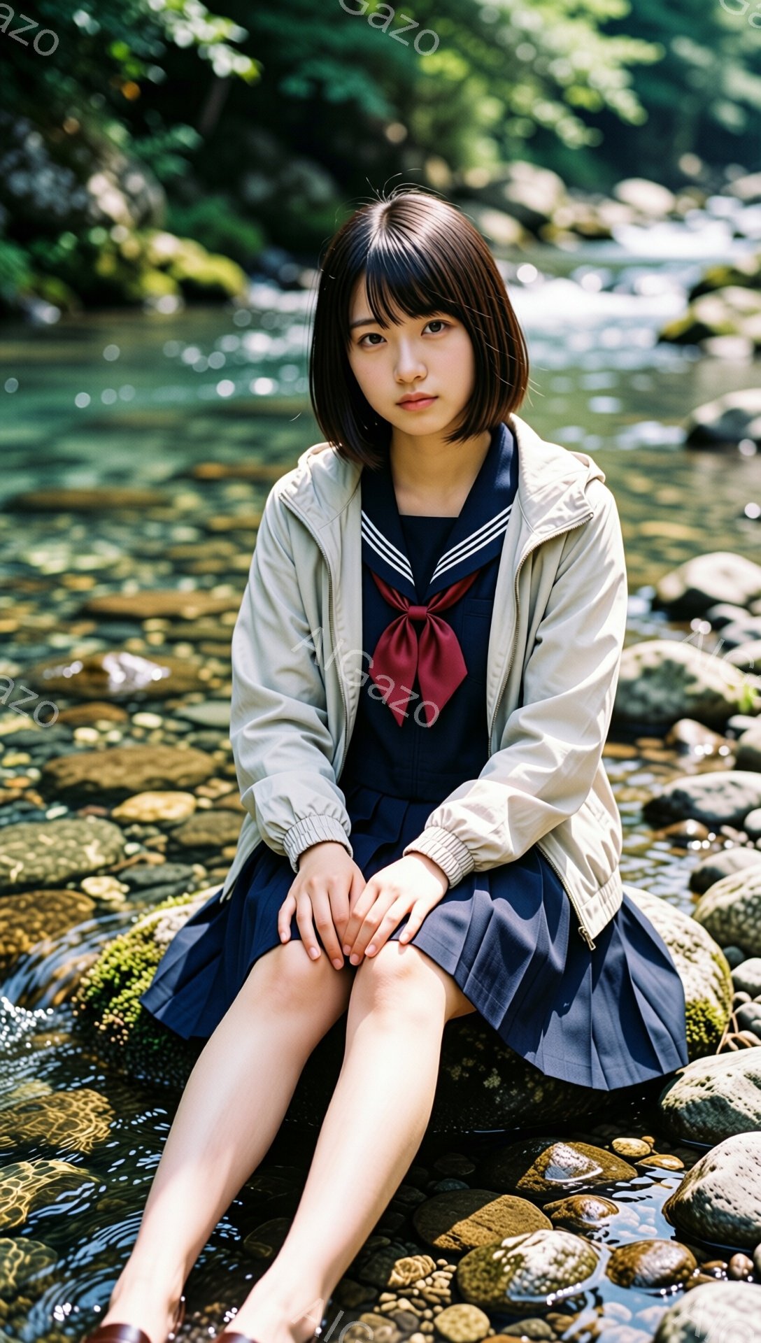 画像は、制服を着た若い女性が川辺の岩の上に座っている様子を捉えています。彼女は膝を抱え、やや憂いを帯びた表情で正面を見つめており、茶色のボブヘアと赤いリボンが印象的です。背景には緑豊かな木々と水面が広がっており、穏やかで自然な雰囲気が漂っています。