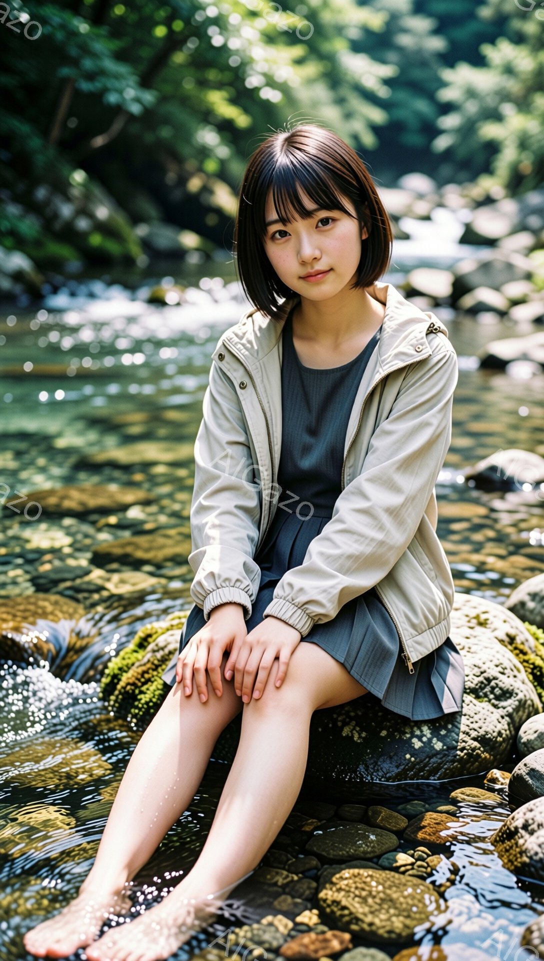 短い黒髪で前髪がぱっつんの女性が、岩の上に座って足を水の中に浸しています。グレーのワンピースの上にベージュのジャケットを着ており、やや控えめな表情で正面を見ています。背景は緑豊かな自然で、水が流れる清流が広がっており、穏やかで静かな雰囲気が漂っています。
