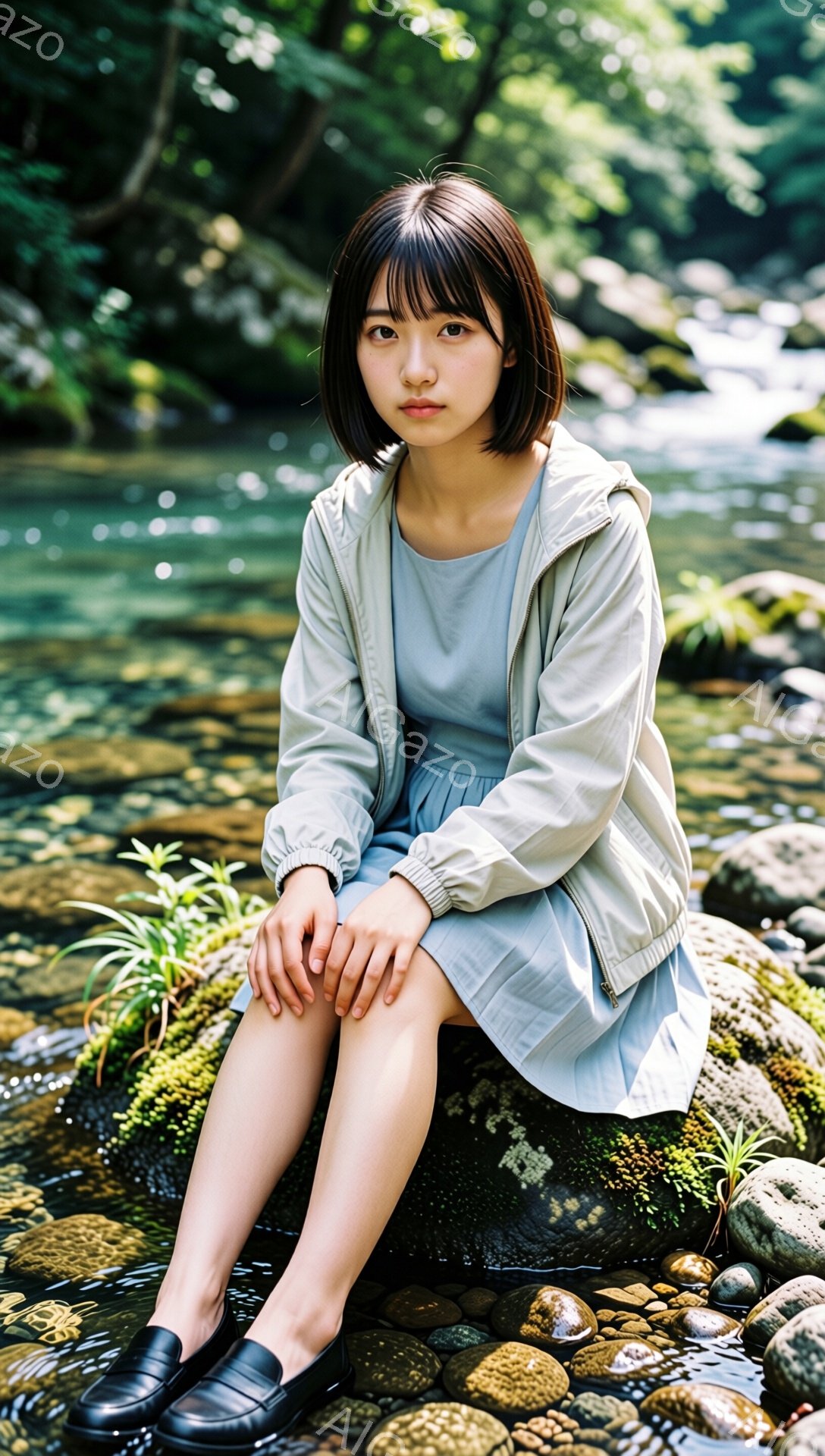 若い女性が岩の上に座っており、ライトグレーのワンピースに薄いベージュのウィンドブレーカーを羽織っています。彼女は黒いショートボブヘアで、表情はやや無表情で、視線は正面を向いています。背景には緑豊かな自然と水流が見え、全体的に穏やかで静かな雰囲気が漂っています。