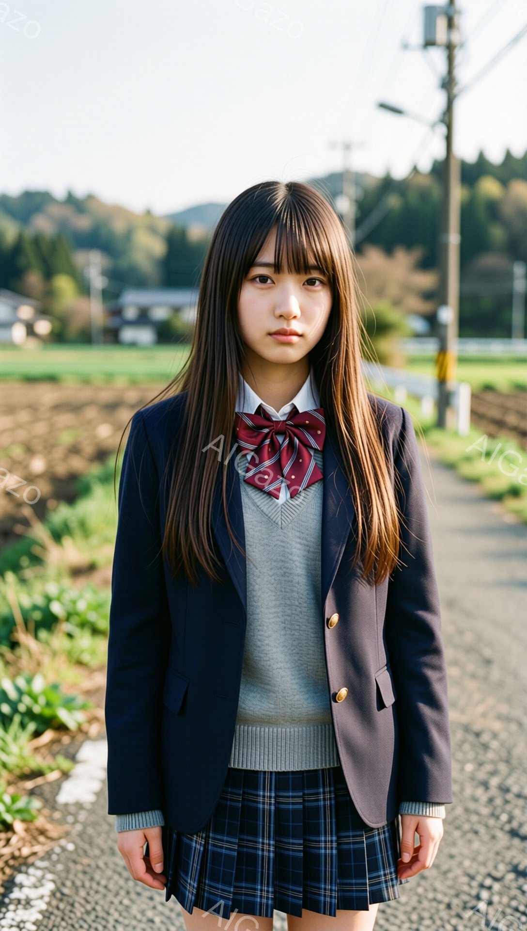画像には、紺色のブレザー、グレーのセーター、チェックのプリーツスカートを着た若い女性が写っています。彼女は長い黒髪を肩まで垂らし、少し困ったような表情で正面を見ています。背景には、田園風景と電柱、そし - AI生成フリー素材