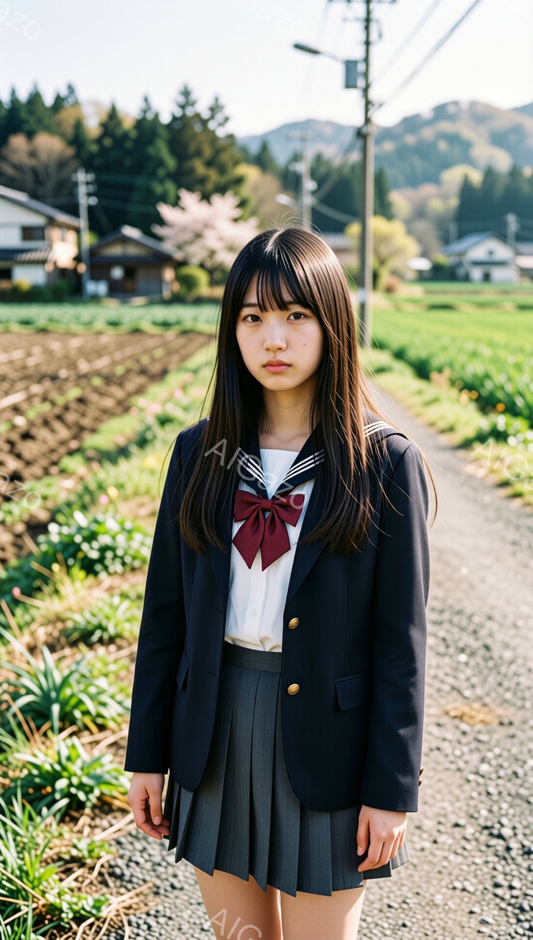 画像には、紺色のブレザーとチェックのスカート、赤いリボンを付けた白いブラウスを着た若い女性が写っています。彼女は黒髪で前髪を長く伸ばし、やや無表情な顔をしています。背景には、田園風景と住宅、そして遠くに見える山々が広がっており、春の穏やかな日差しが感じられます。