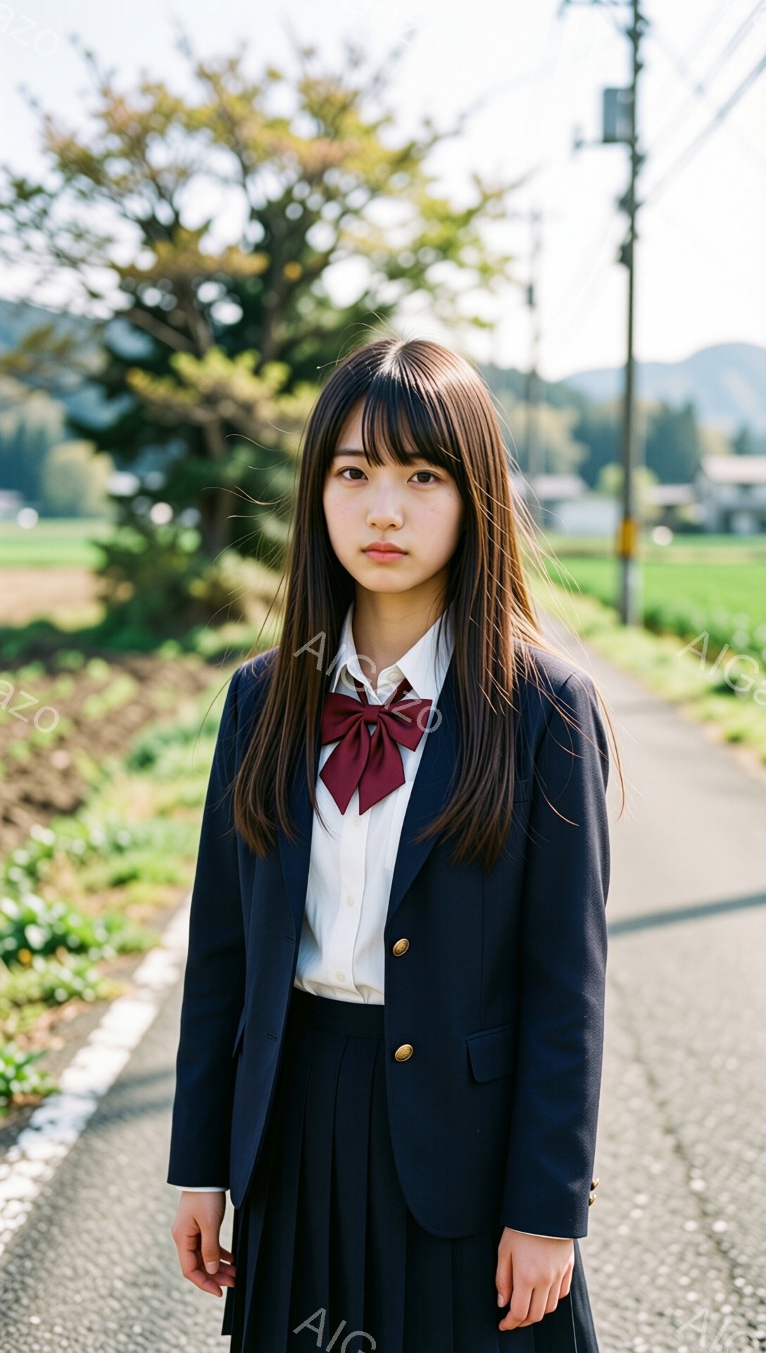 制服を着た若い女性が、道路の真ん中に立っています。彼女は濃い色のブレザー、白いシャツ、赤いリボン、プリーツスカートを着用しており、長い黒髪は肩にかかっています。背景には緑豊かな田園風景と遠くの山々が広がっており、晴れた日差しが彼女を照らしています。