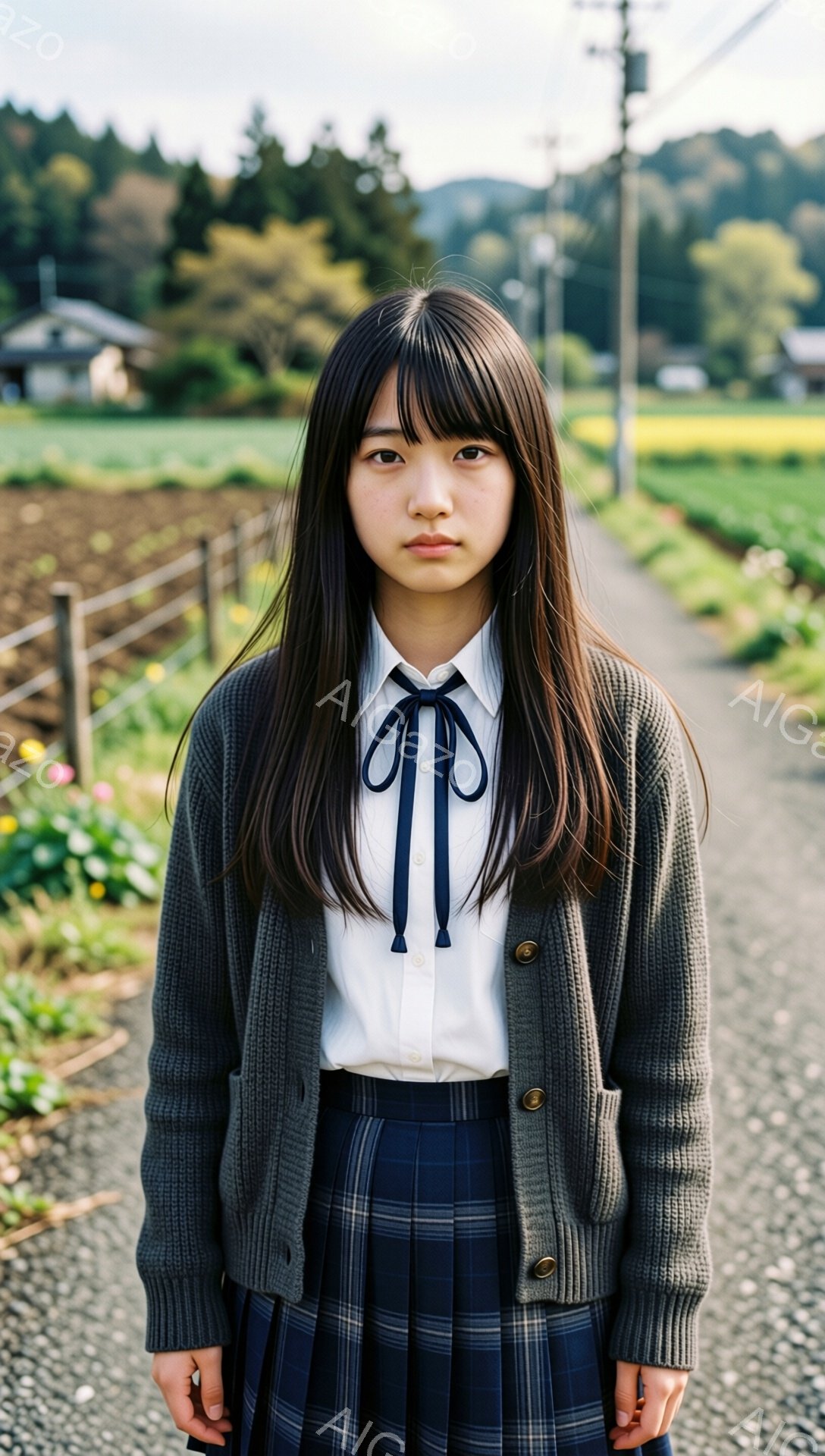 長い黒髪で前髪が眉毛にかかる女性が、グレーのカーディガン、白いシャツ、チェック柄のスカートを身に着けて立っています。彼女は落ち着いた表情で、やや下を見つめています。背景には、田園風景が広がり、左手には花壇、右手には農地が広がっており、穏やかで少し寂しげな雰囲気が漂っています。