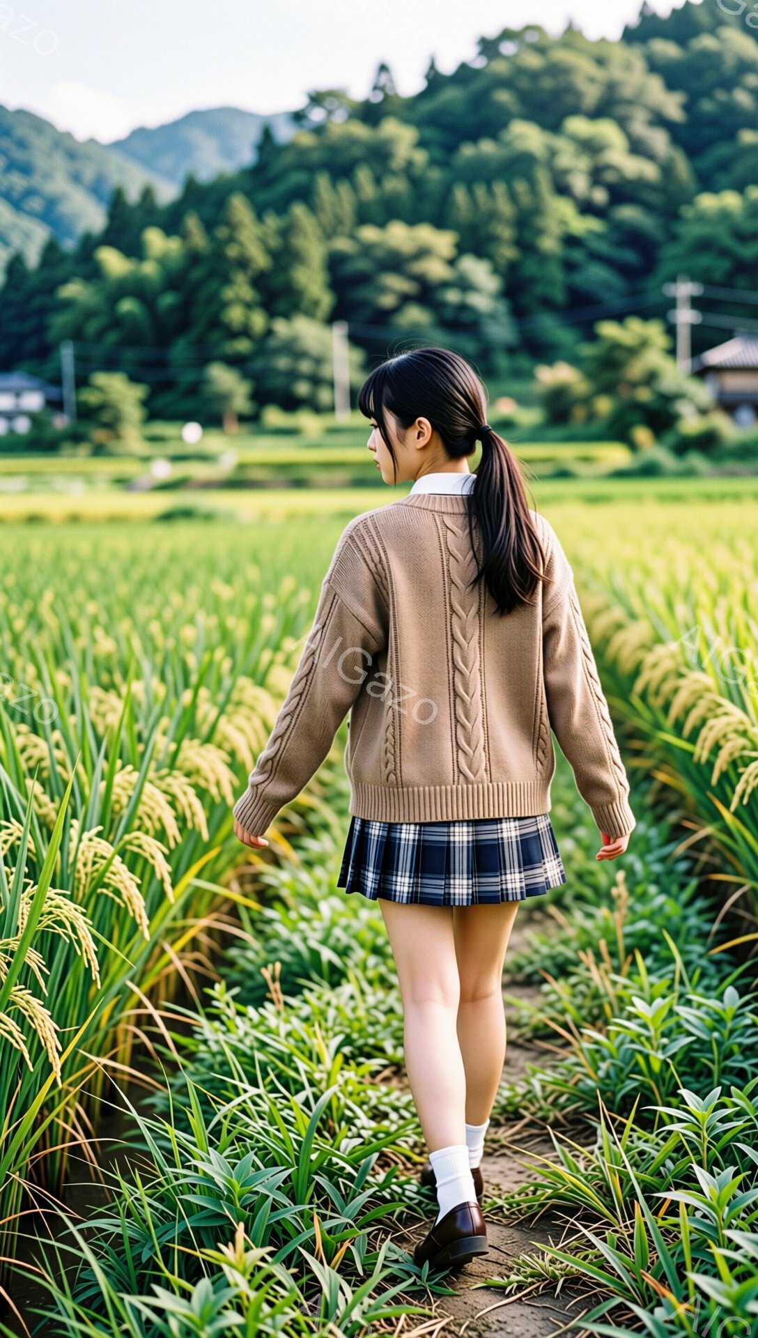 長い黒髪をポニーテールにした少女が、田んぼの中を歩いている。ベージュのケーブルニットセーターとチェック柄のプリーツスカート、白いソックスと茶色のローファーという服装で、制服のような印象を与える。背景に - AI生成フリー素材