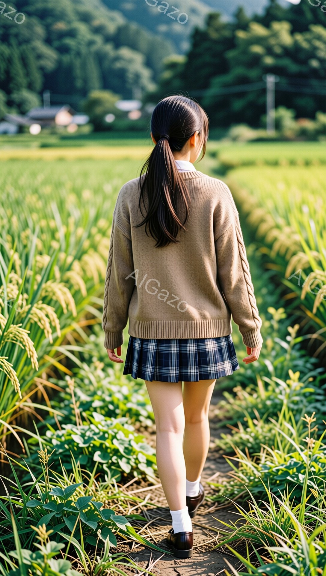 長い黒髪をポニーテールにした少女が、緑豊かな田んぼの中を歩いている。ベージュのセーターとチェック柄のプリーツスカート、白い靴下と黒い靴を履いており、制服のような服装をしている。背景には、遠くに見える家々と緑の丘が見え、晴れた日の穏やかな雰囲気が漂っている。