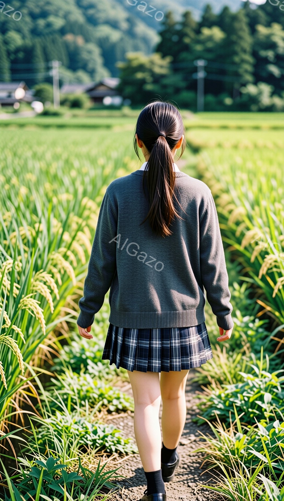 後ろ姿の少女が、緑豊かな田んぼの中を歩いている。紺色のセーラー服にチェック柄のスカート、黒い靴下と靴を履き、髪は後ろで一つに結んでいる。背景には、遠くの建物と緑の山々がぼやけて見え、穏やかな夏の日の雰囲気が漂う。