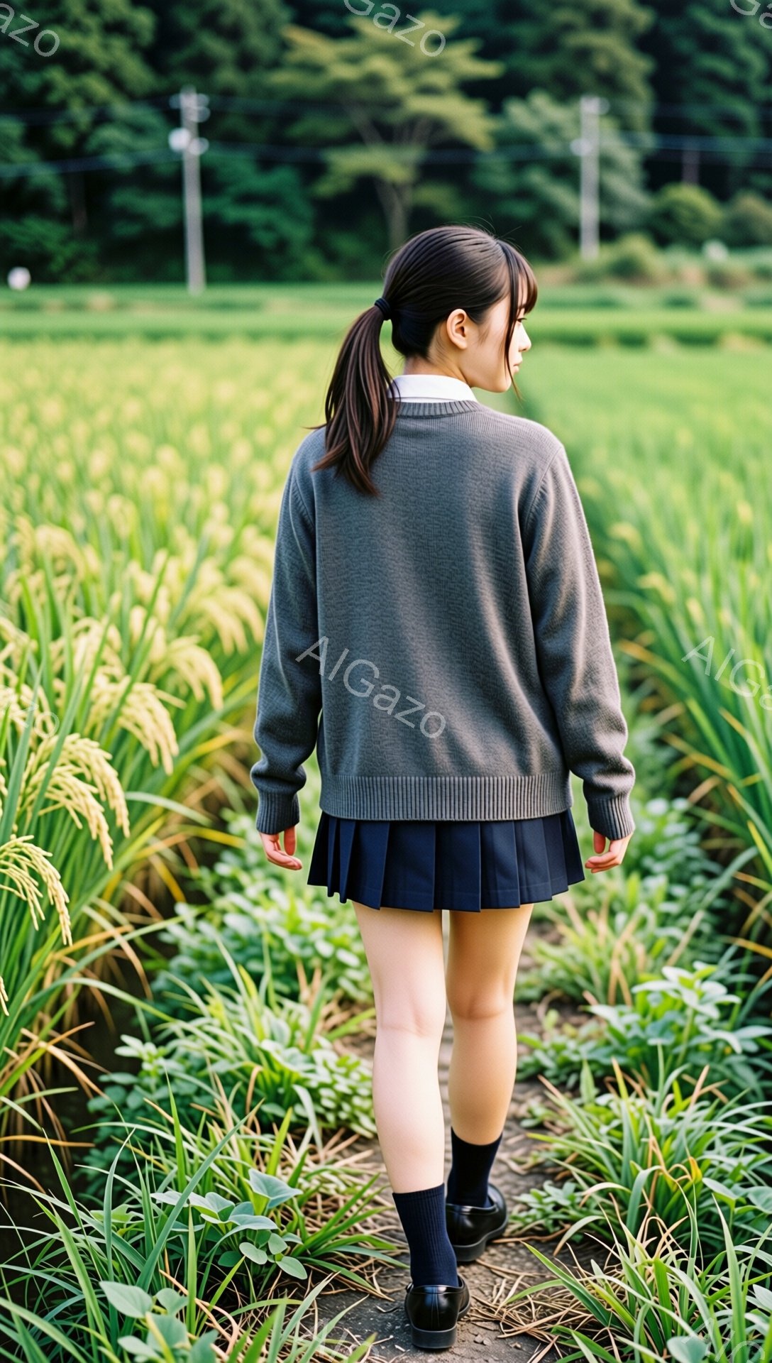少女は紺色のセーターとプリーツスカート、ソックスと革靴を着用し、背中を見せて田んぼの中を歩いている。彼女は髪をポニーテールにしており、表情ははっきりと見えないが、どこか物憂げな雰囲気が漂っている。背景には緑豊かな田んぼが広がり、遠くには電柱が見え、穏やかで少し寂しげな田園風景が広がっている。