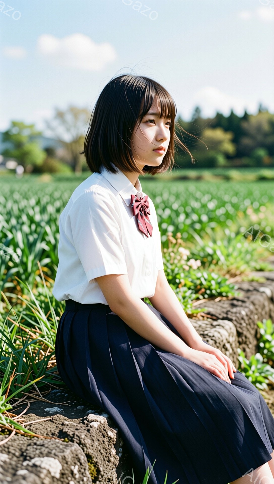 ショートカットの少女が、白いブラウスとプリーツスカートの制服を着て、石垣の上に座っている。彼女は少し横を向き、遠くを見つめ、物憂げな表情をしている。背景には緑色の畑が広がり、晴れた空が広がっている。