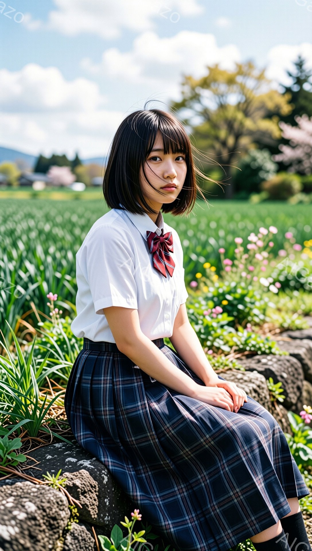 画像は、制服を着た若い女性が写っている。彼女は白いシャツにチェック柄のスカート、赤いリボンを身に着けており、黒い靴下を履いている。背景には緑色の草地とピンクの花が咲く木々があり、天候は晴れで、明るく爽やかな雰囲気が漂っている。