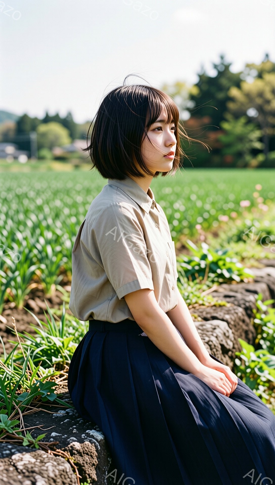 短い黒髪の女性が、ベージュ色のシャツと紺色のプリーツスカートを着て、石垣に腰掛けている。彼女は横顔で、少し憂いを帯びた表情で遠くを見つめている。背景には緑豊かな田園風景が広がり、穏やかな日差しの中で、どこか懐かしい雰囲気が漂う。