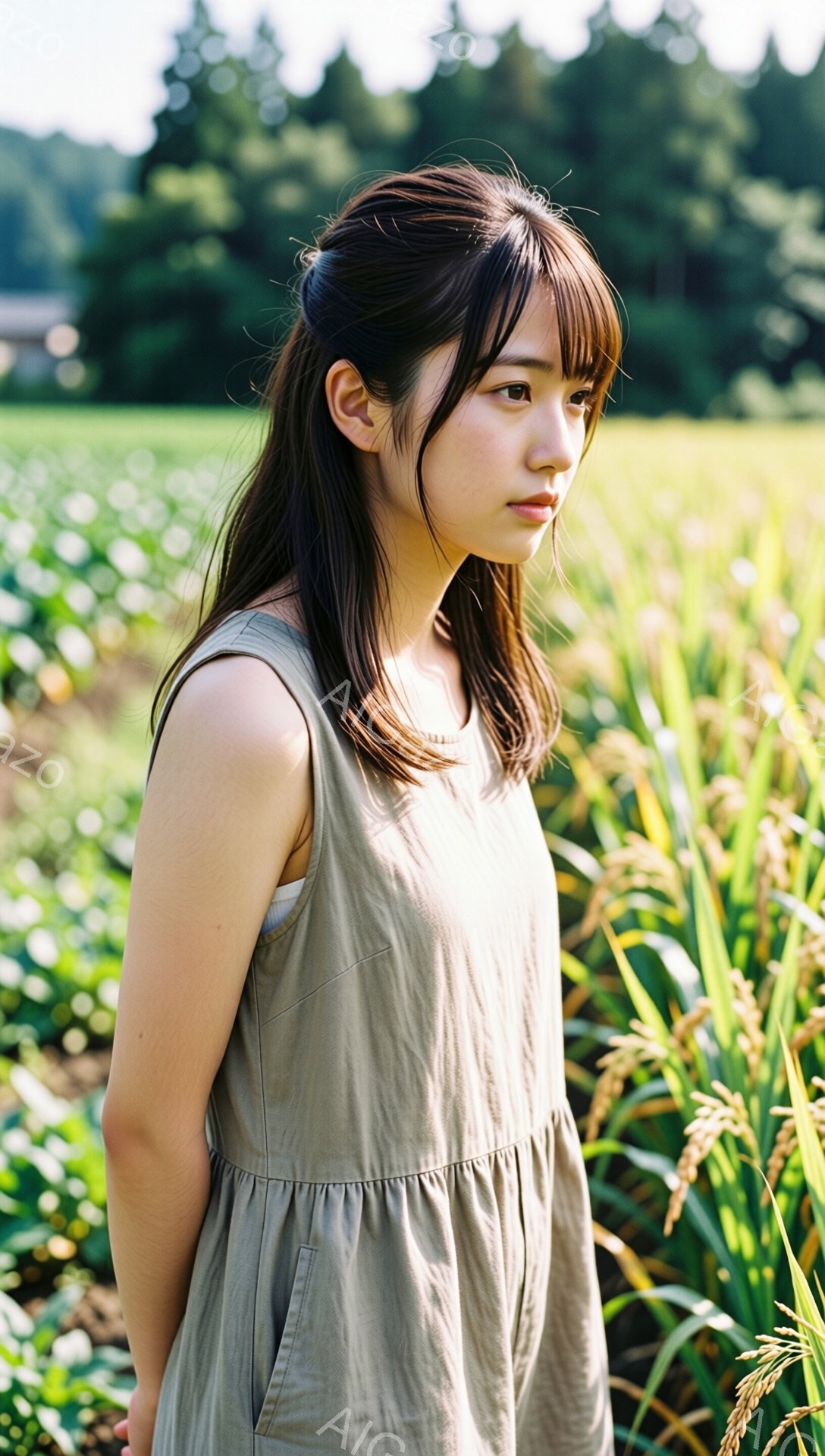 若い女性が麦畑の中に立っており、ベージュ色のノースリーブのワンピースを着ています。彼女は黒髪で、前髪が少し眉にかかっています。表情は穏やかで、どこか物憂げな視線を遠くに向けています。 - AI生成フリー素材