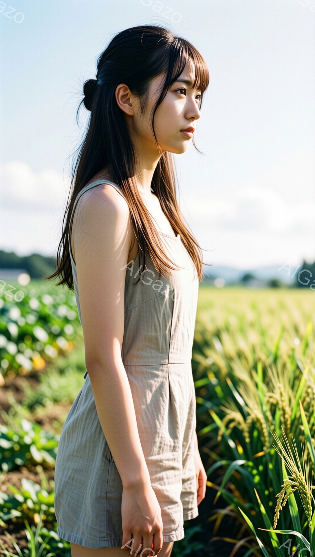 浅いベージュ色のオーバーオールを着た若い女性が、緑豊かな麦畑の中に立っている。彼女は横向きで、少し憂いのある表情で遠くを見つめている。背景には、ぼやけた山々と晴れた空が広がり、暖かく穏やかな雰囲気を醸し出している。