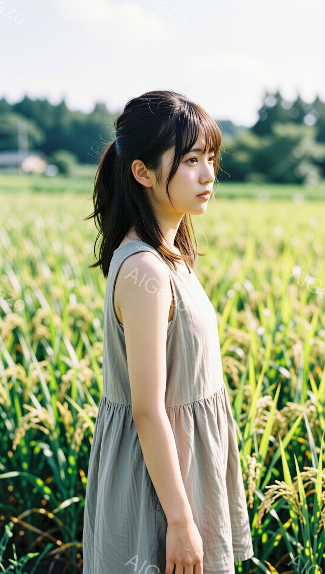 若い女性が田んぼの中に立っている。灰色のノースリーブのワンピースを着ており、前髪を少し長めに残したダークブラウンの髪は肩にかかっている。彼女は横顔で、少し憂いのある表情をしており、視線は遠くを見つめて - AI生成フリー素材