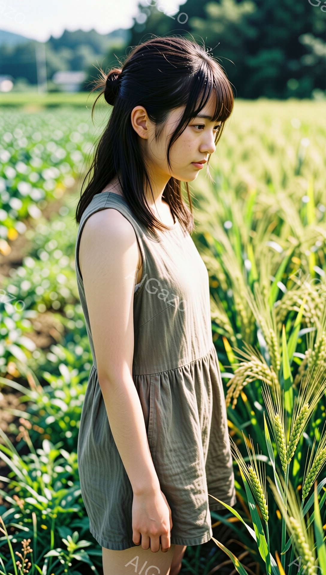 若い女性が麦畑の中で立っている。彼女はオリーブグリーンのゆったりとしたワンピースを着ており、髪は後ろでざんがり結びされている。彼女は少しうつむき加減で、遠くを見つめているように見える。