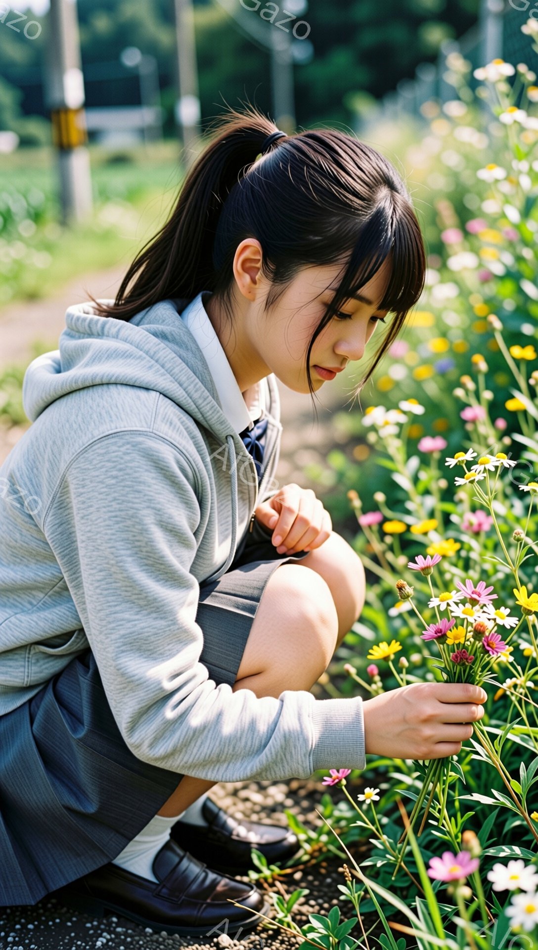画像には、制服を着た若い女性がひざまずいて花を手に持っている様子が写っています。彼女はグレーのパーカーとチェックのスカートを着用し、黒い靴を履いています。背景には、緑豊かな草地と花々、そして遠くに建物が見え、晴れた日の穏やかな雰囲気が漂っています。
